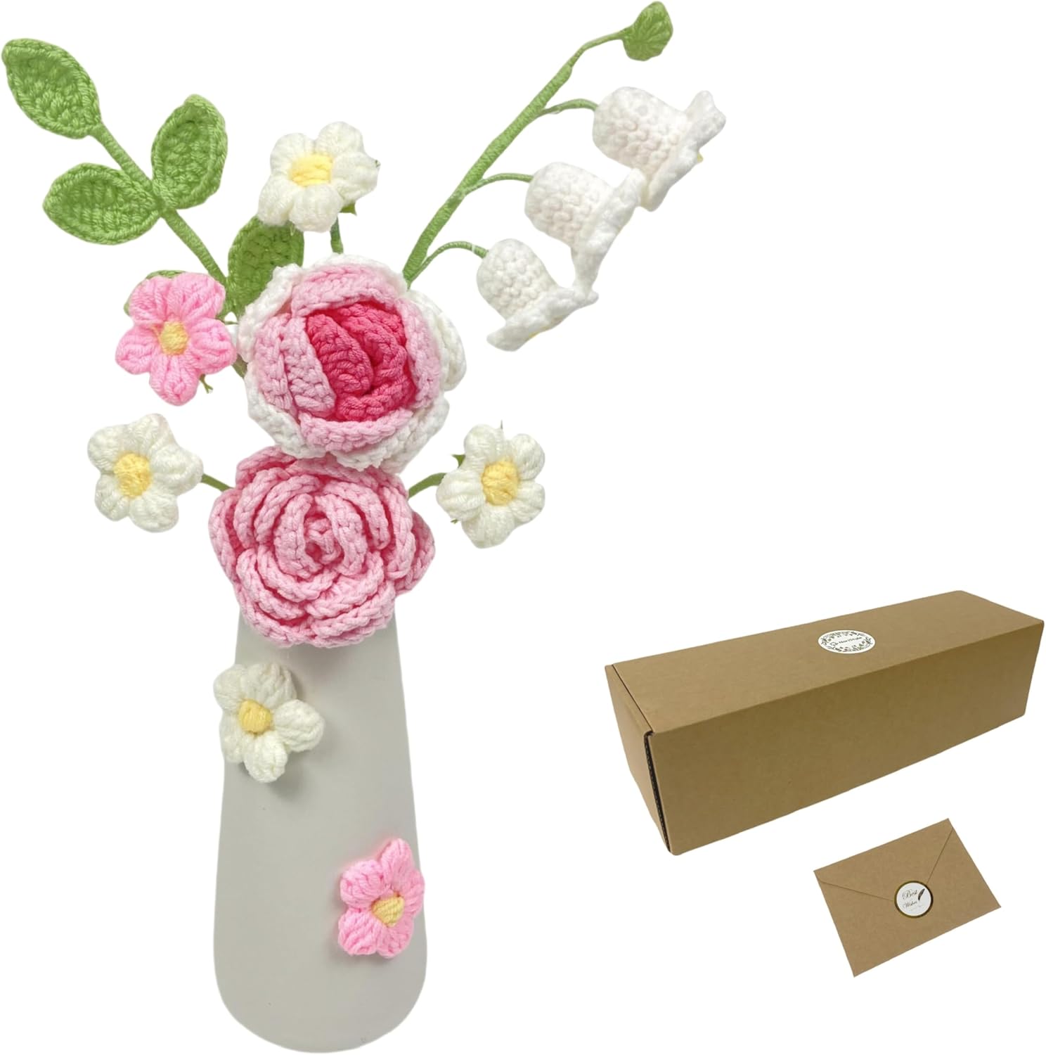 Pink Crochet Flowers with Vase, Handmade Gifts Crochet Flower Bouquet for Women, Teacher, Mother's Day, Anniversary, Birthday, Valentine's Day, Home Office Desk Decorations