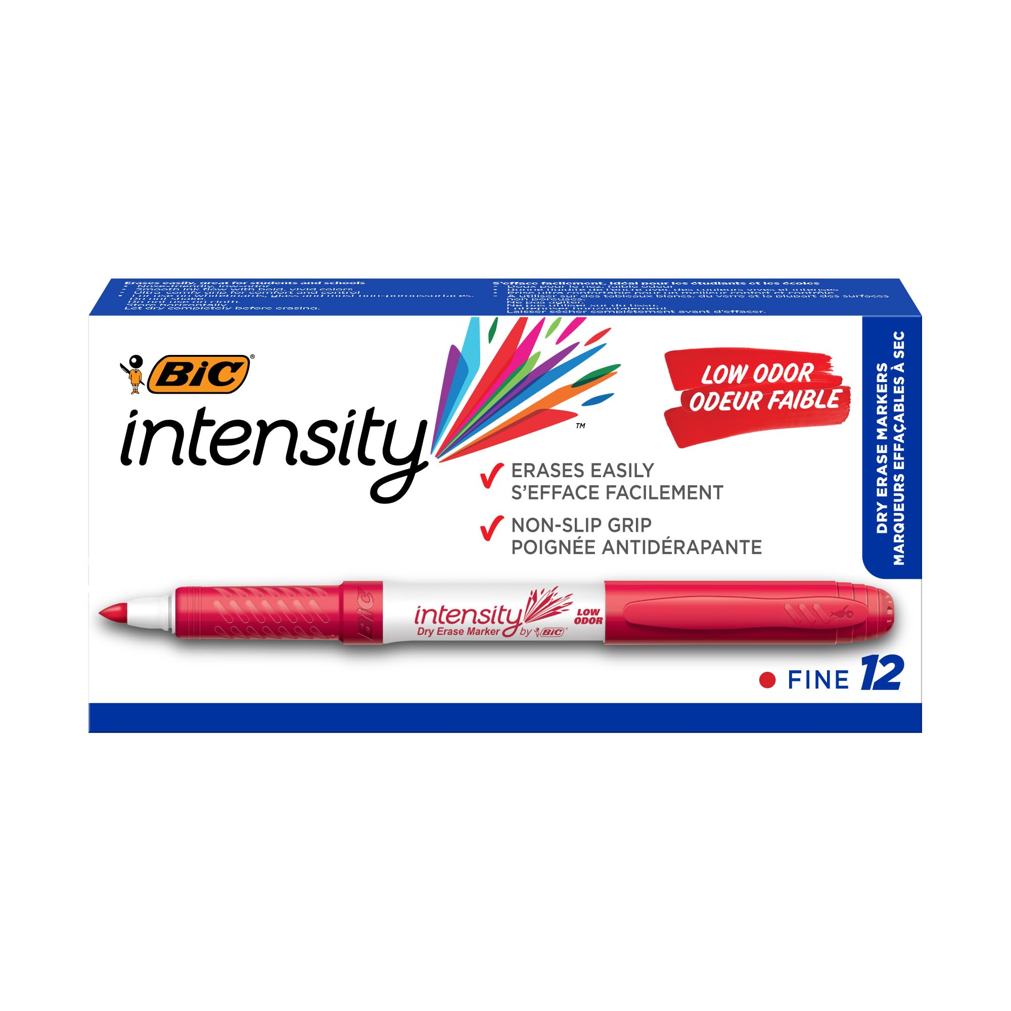 BIC Intensity Red Low Odor Dry Erase Markers Fine Tip 12-Count Pack of Erasable Markers With Low-Odor Ink