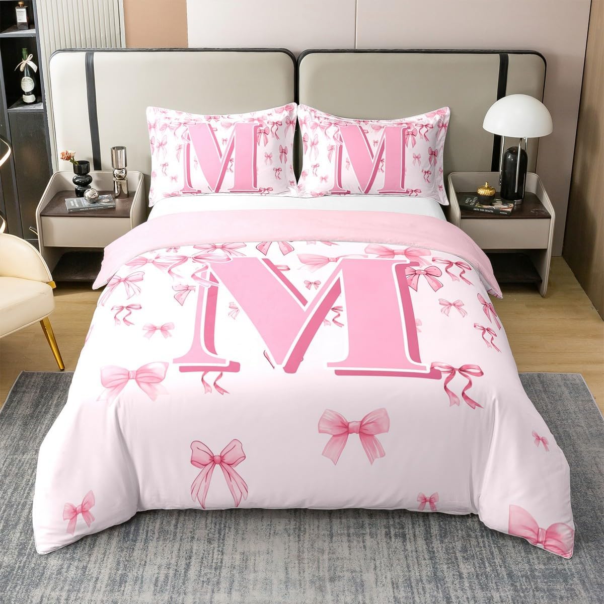 jejeloiu Girls Pink Bow Duvet Cover 100% Cotton Queen Size Cute Bowknot Bedding Set for Boys Girls Letter D Comforter Cover Monogrammed Bedroom Decor 3Pcs Coquette Bows Zipper with 2 Pillowcases