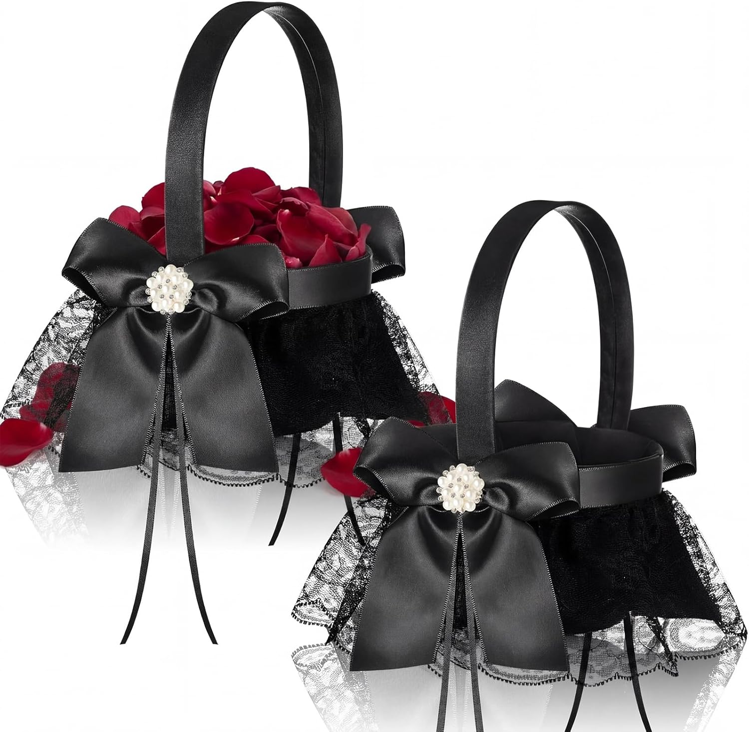 4 Pcs Wedding Flower Girl Basket Gothic Flower Basket for Wedding Ceremony Satin Rhinestone with Handle for Petals Confetti Banquet Home Decoration Western Party (Black,Snowflake)