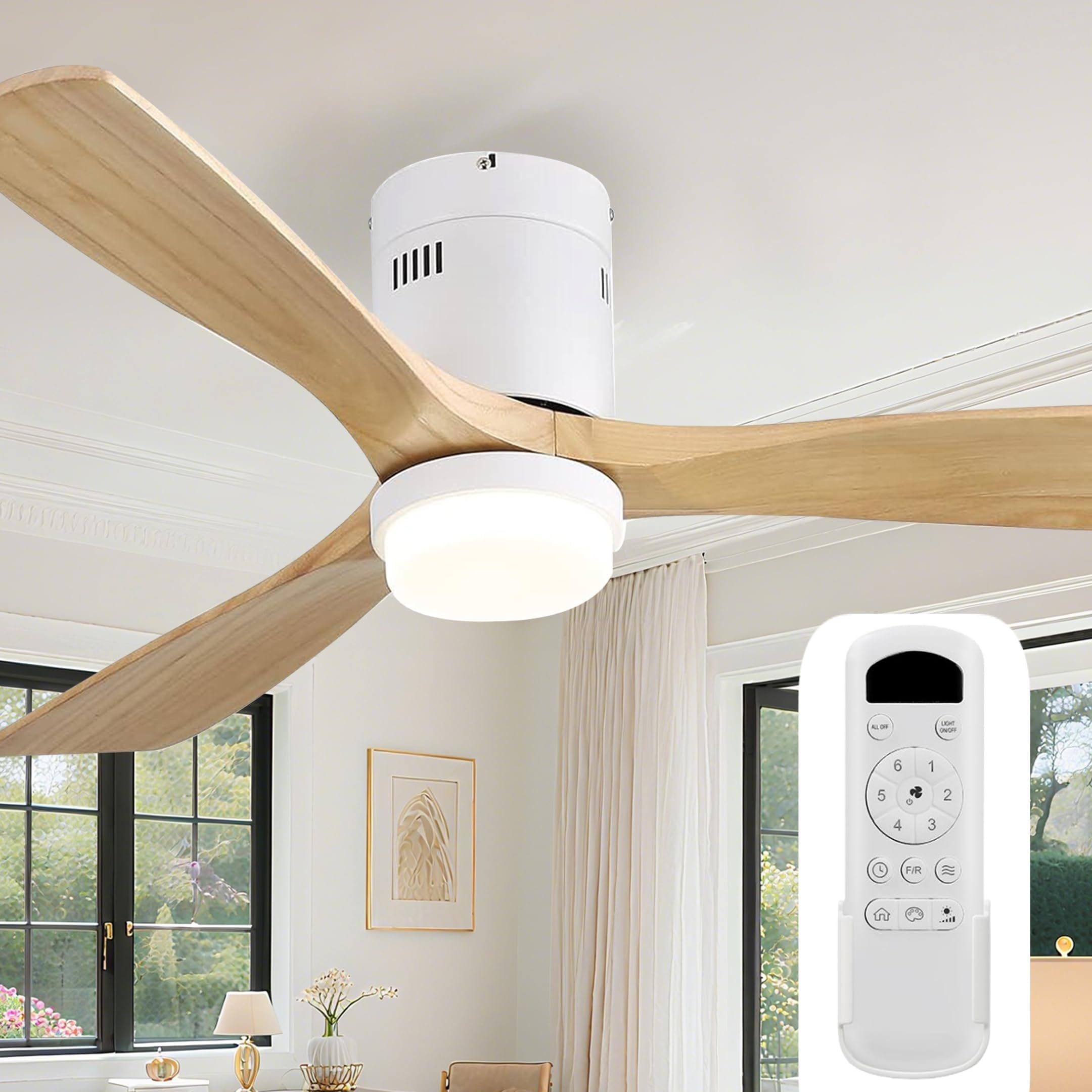Sofucor Ceiling Fan With Lights 52 Inch Flush Mount Ceiling Fan with Remote Control, Wood Blades Modern Outdoor Ceiling Fans for Bedroom/Farmhouse/Patio/Indoor, Quiet DC Motor
