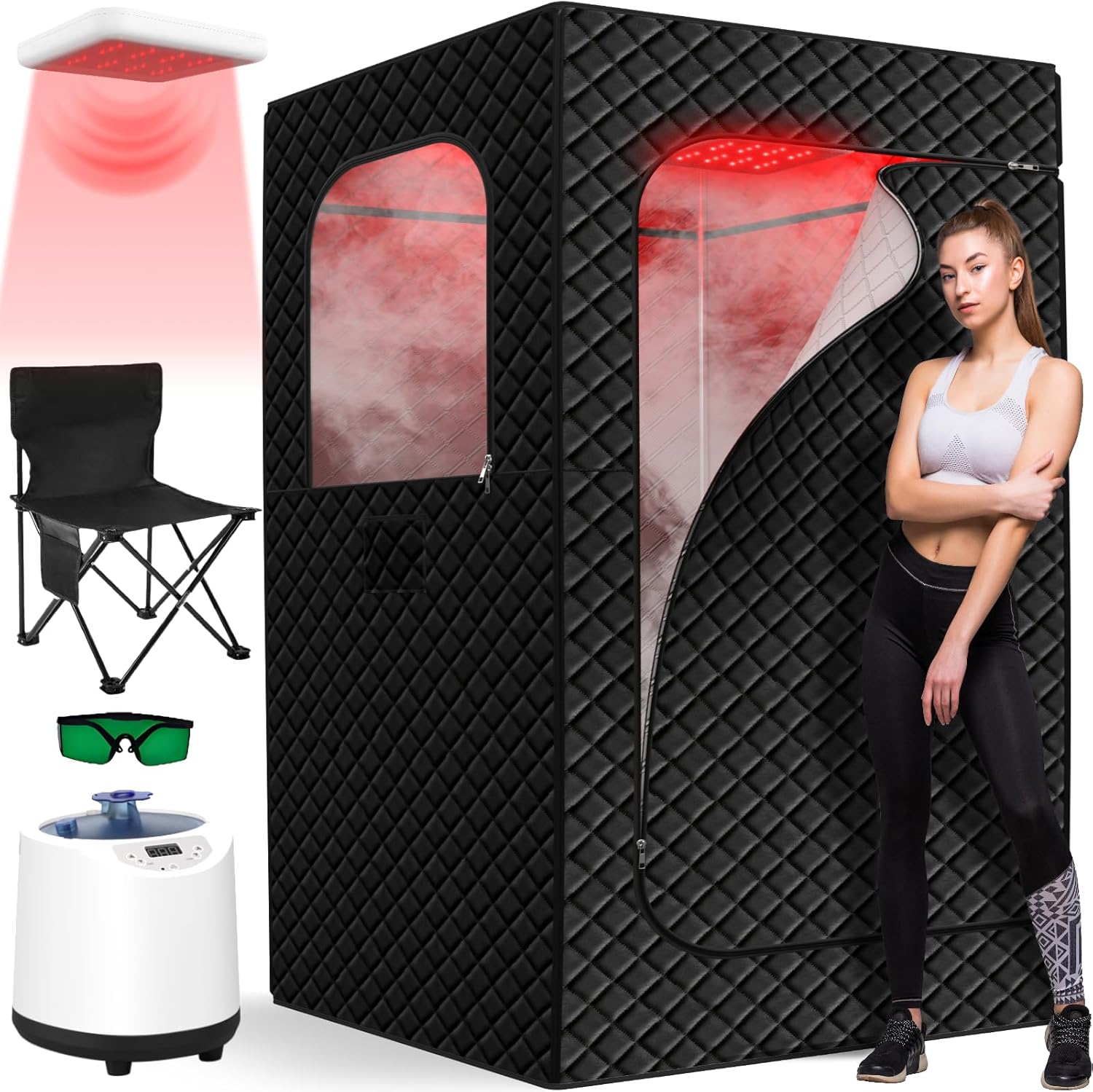 Infrared Sauna Box for Home, Portable Steam Saunas Indoor with 660nm + 850nm Red Light Therapy Lamp, 3L Steamer, Folding Chair, Large Personal Full Body Sauna Spa Tent, 15 Levels XL-personal sauna black