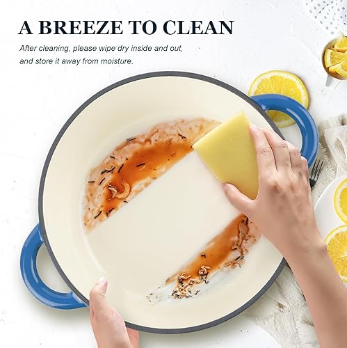 Vista 21 de Overmont Horno holandés de hierro fundido esmaltado de 5.5 cuartos de galón con tapa, cacerola resistente con asas dobles para estofar, guisos