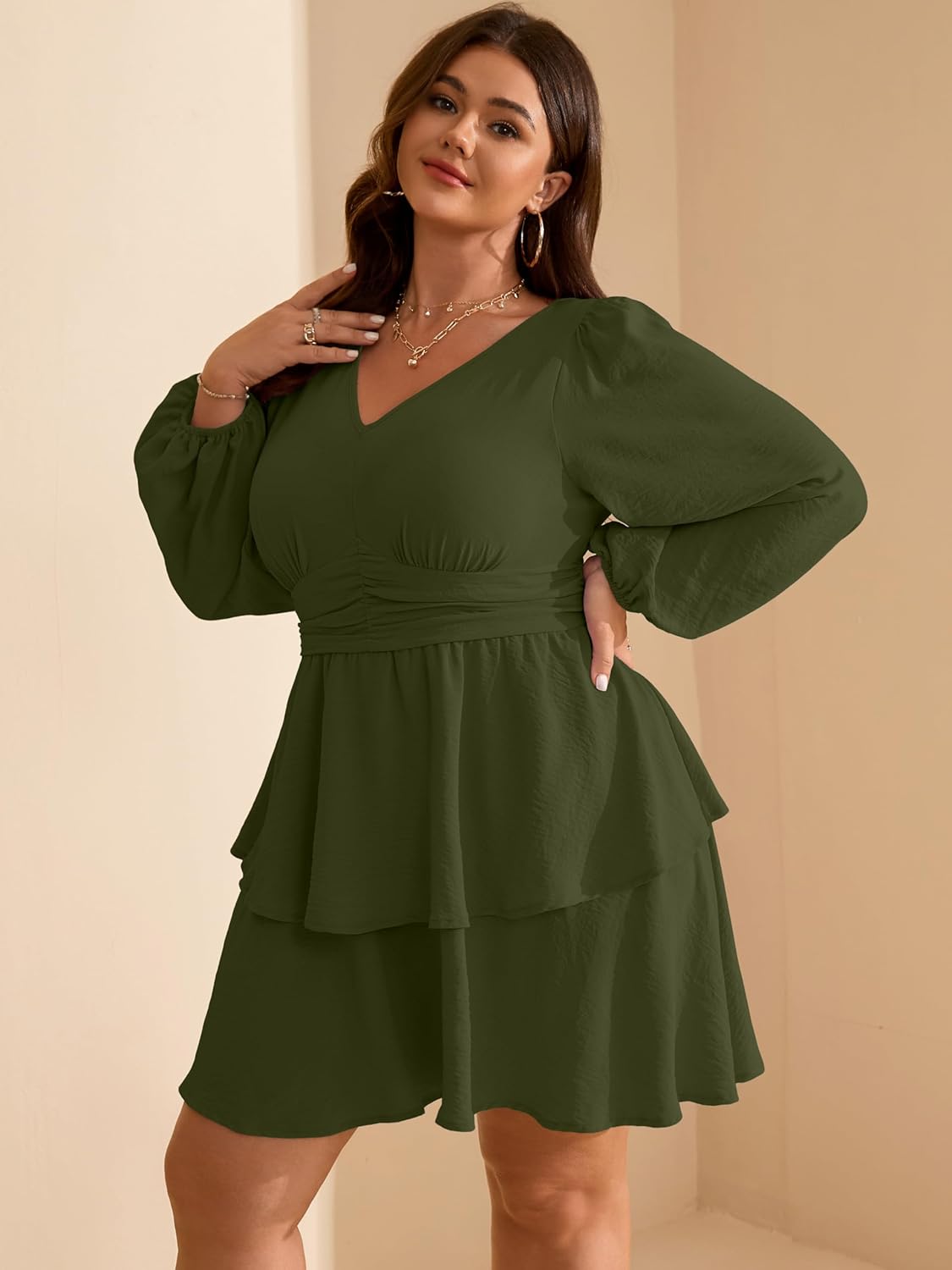 RWJ Plus Size Dresses for Curvy Women V Neck Long Sleeve Elastic Waist Fall Wedding Guest Layer Casual Mini Dress - Image 2