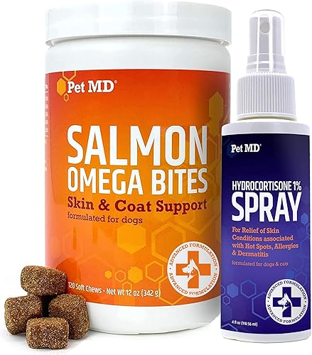 Pet MD Salmon Omega Bites and Hydrocortisona Spray Bundle - Paquete de alivio de alergias y picazón para perros