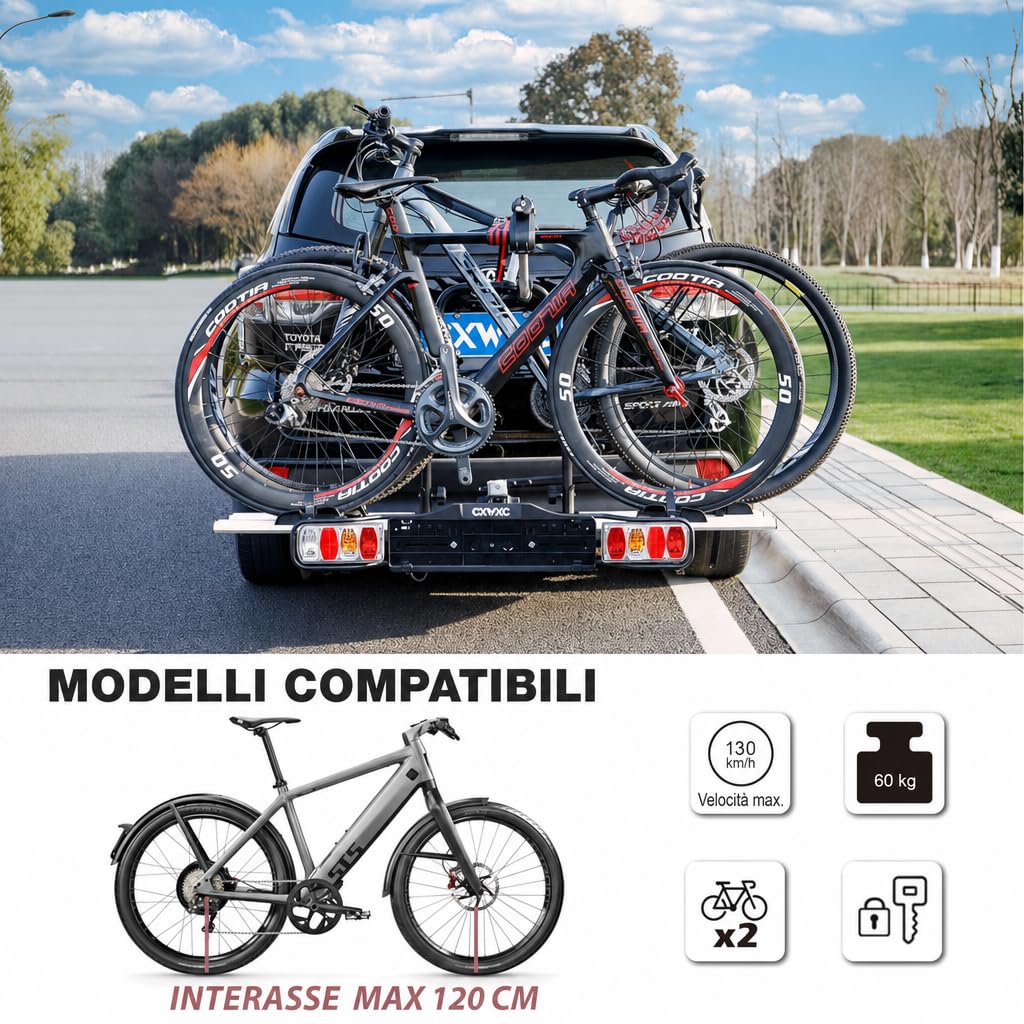 Portabici per gancio di traino, 2 biciclette, e-bike, 60 kg, gancio di traino con fanale posteriore e portatarga, richiudibile, supporto frizione per ebike