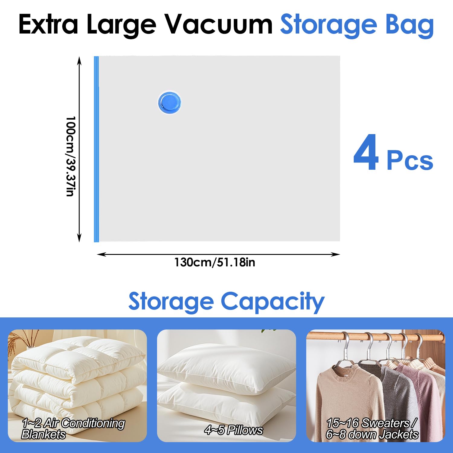 Sacchetti sottovuoto Extra Large (130x100cm) con pompa a mano per abbigliamento, piumoni, biancheria - Risparmia il 80% di spazio - Confezione da 4