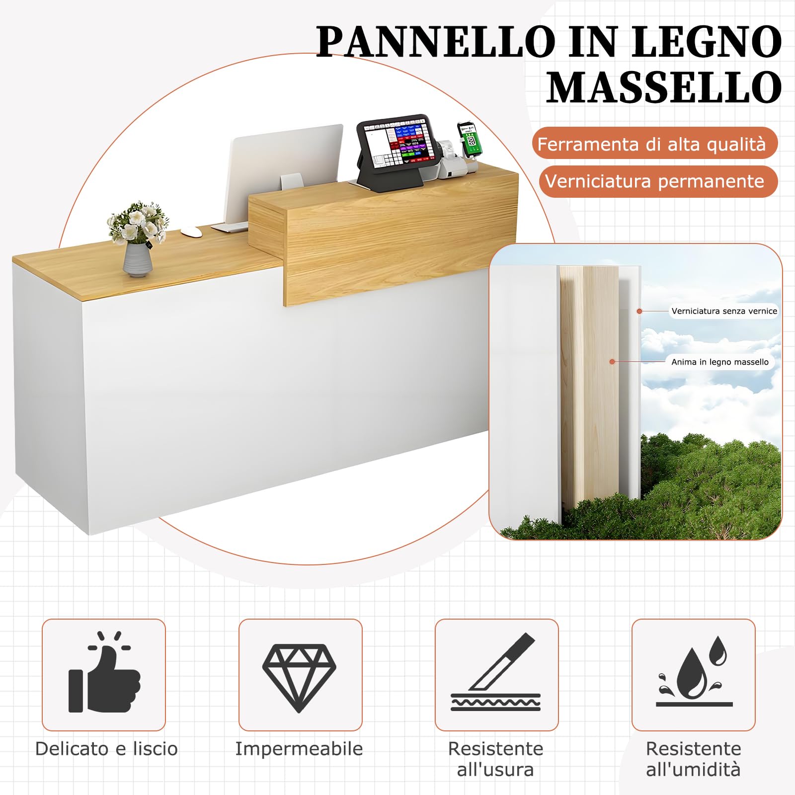 Bancone Reception Moderno in Legno con Ripiani e Cassetti, 100–180 cm Bancone Negozio, Bancone da Accoglienza per Ufficio, Salone, Negozio, Hotel, Studio Professionale Nero/Sinistra 160x100x60cm