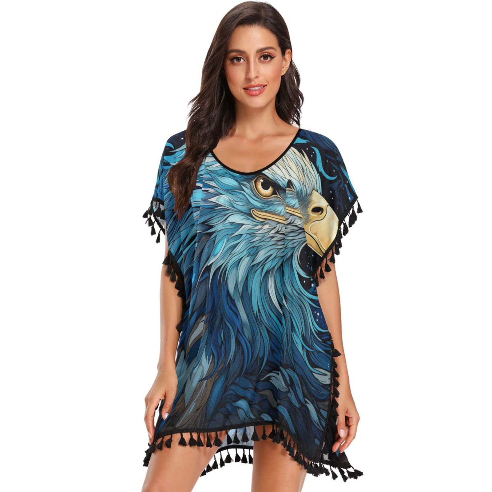 Angry Blue Bald Eagle Women's Beach Cover Up Chiffon Tassel Swimwear Swimsuit Coverups for Girl