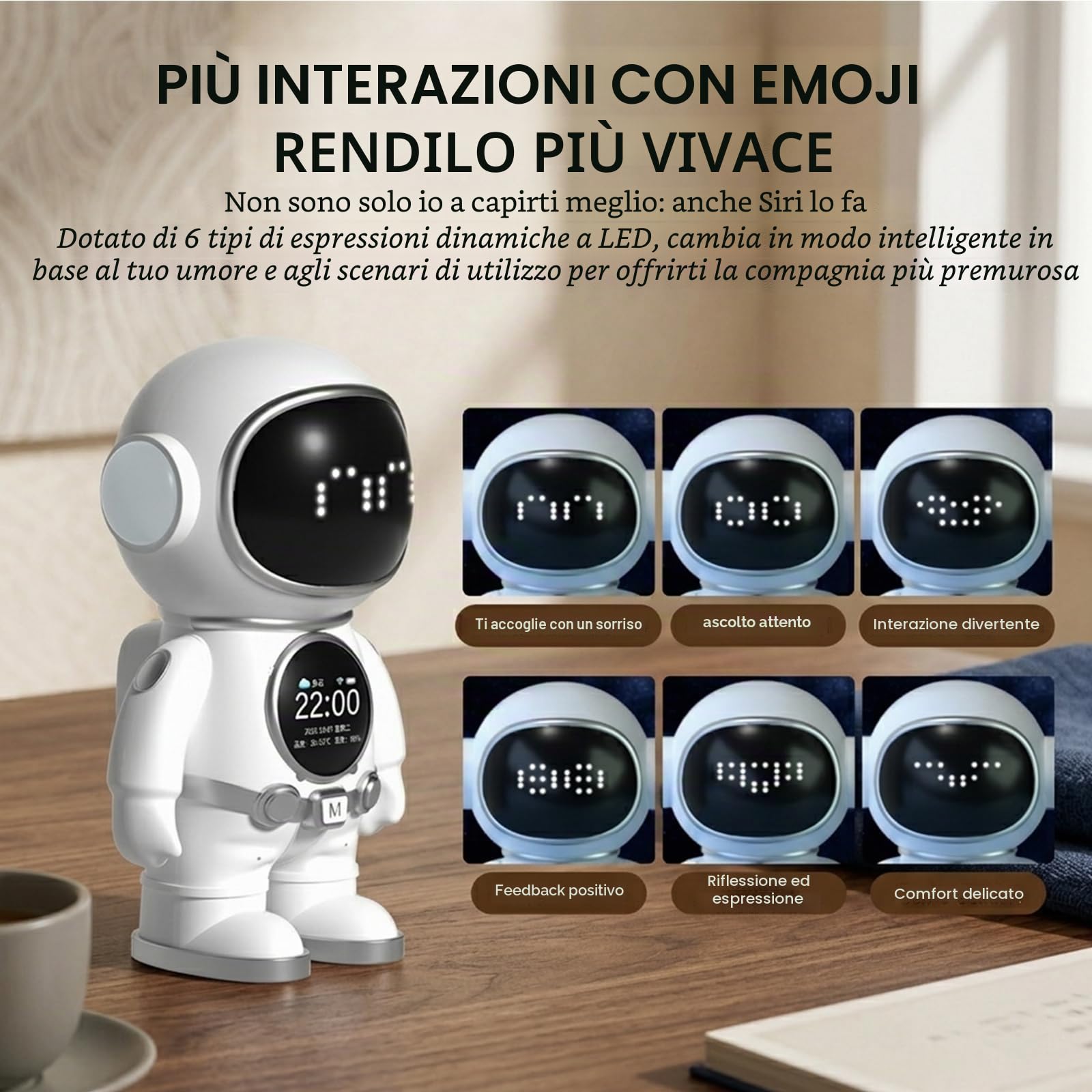 Astronauta AI - Robot da scrivania con 3 modelli Mainstream KI, controllo vocale, altoparlante Bluetooth, luce notturna, allarme intelligente e indicatore meteo, perfetto per ufficio