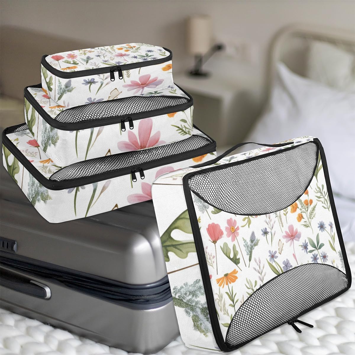 Leaves Wildflowers Pattern 4 Set Packing Cubes Packing Cubes for Women Lightweight Travel Essential Bag Clothes Carry on Suitcase Bags for Accessories Essentials