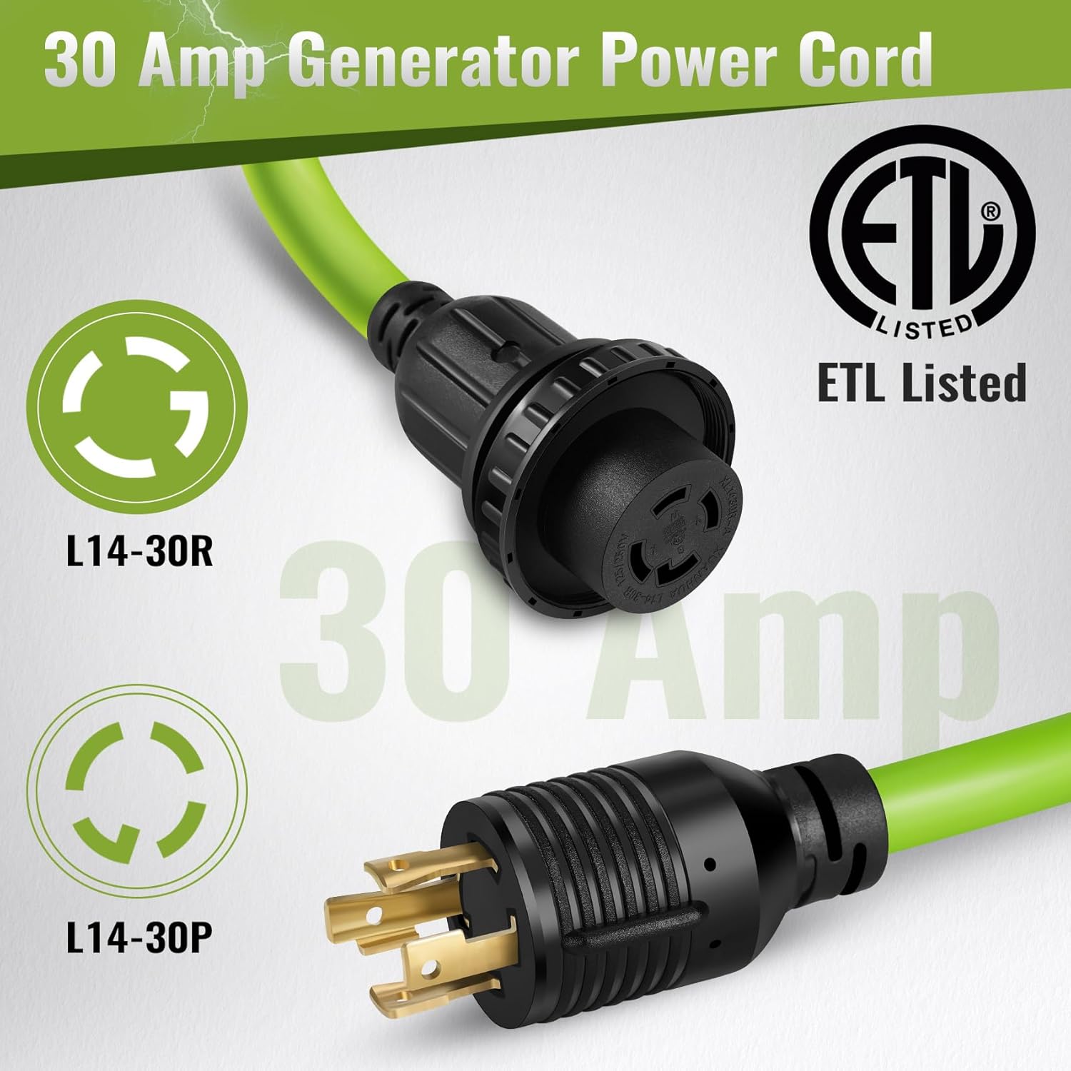 Seeutek 30 Amp Generator Cord - 40 FT 4 Prong Generator Extension Cord with Pre-drilled Power Inlet Box, NEMA L14-30P/L14-30R, ETL Listed, Black+Green 30amp, 30A 40FT