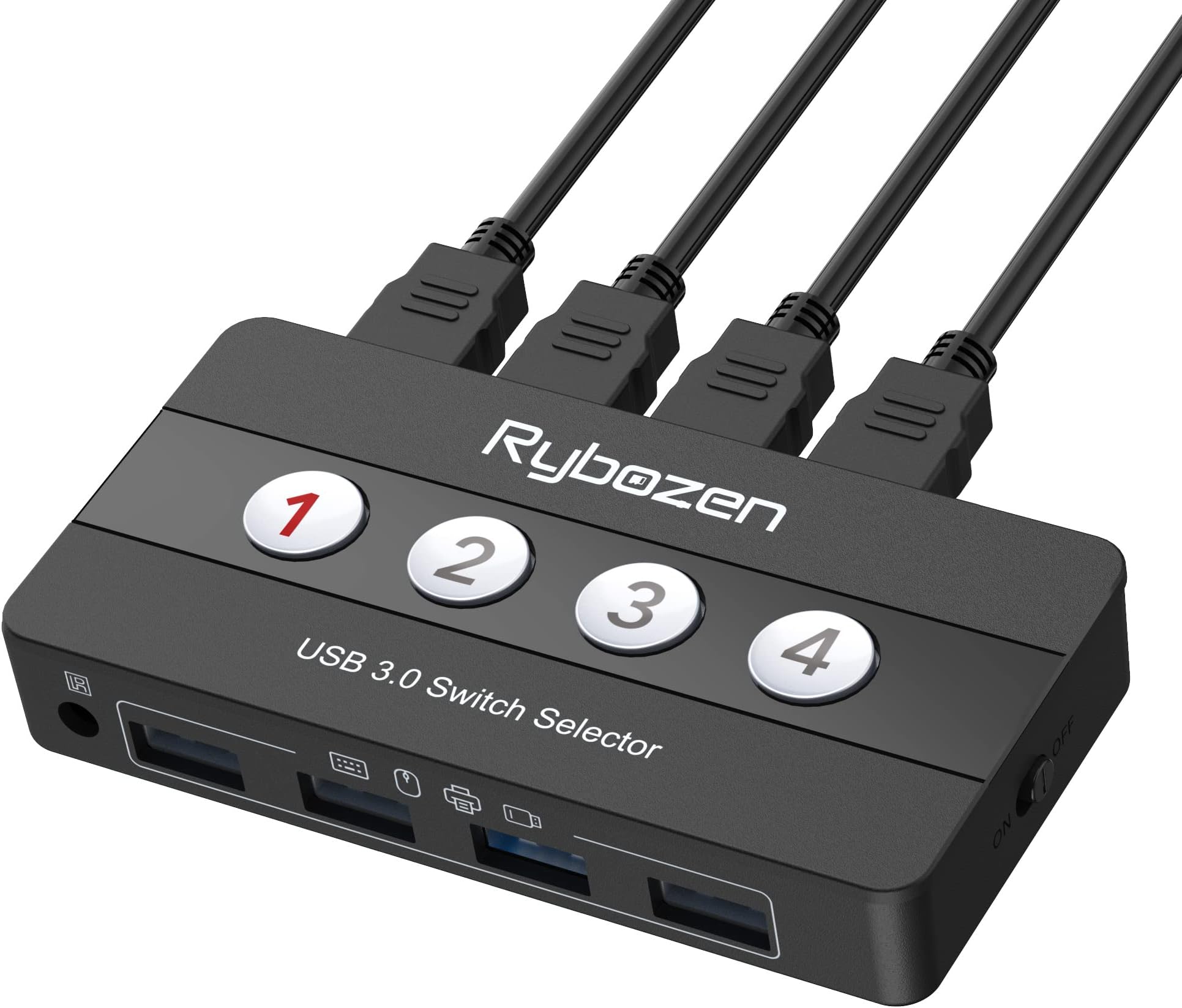 Rybozen USB 3.0 Switch Selector, 4 Port KVM Switch USB Peripheral Switcher Box, 4 Computers Sharing 4 USB Devices, for PC, Printer, Scanner, Mouse, Keyboard, Button Switch & Remote Control