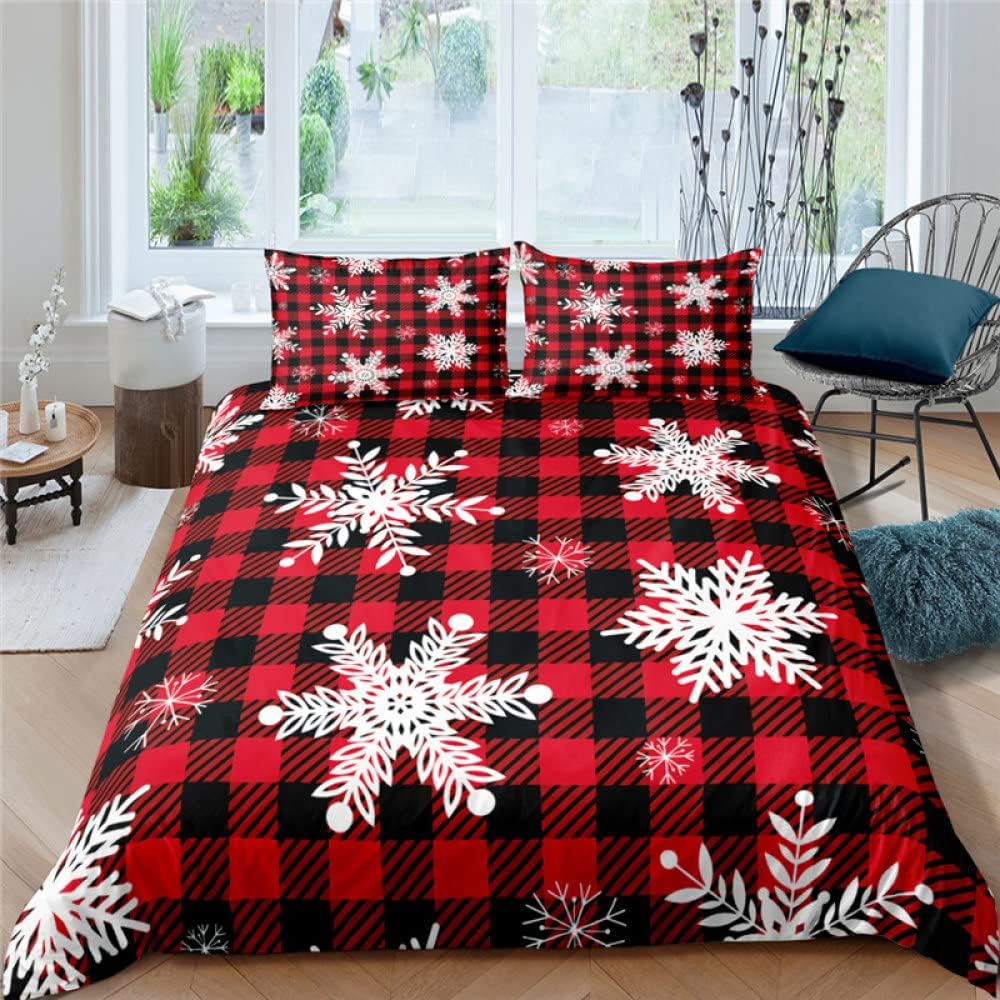 Juego de Edredón con Estampado de Copo de Nieve 200x200 decoración Navideña Funda Nórdica Juego de Edredón A Cuadros Bohemio Doble Tamaño King para Aldult Girls Regalo/Rojo Vino,Doble 3 Piezas