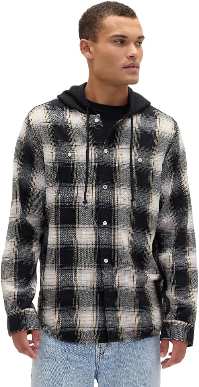 GAP Men's Long Sleeve Hooded Flannel Button-Down Shirt