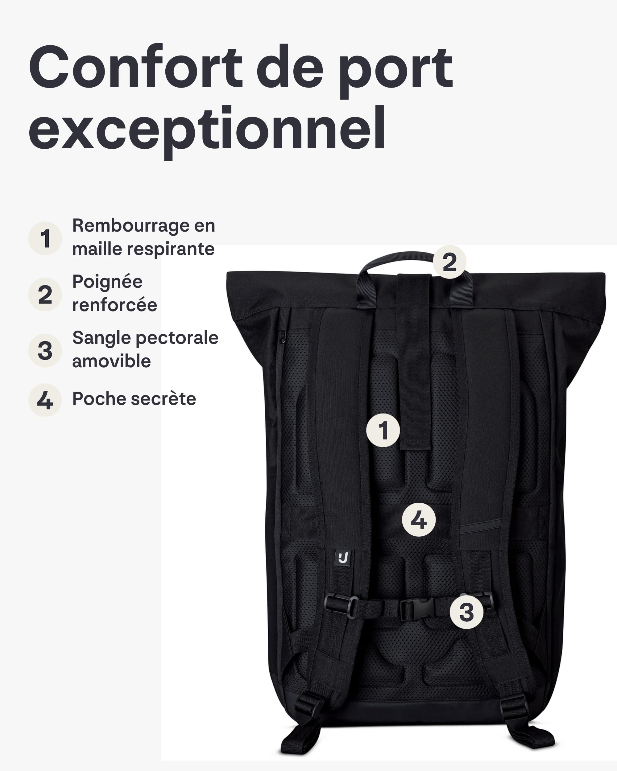 Johnny Urban Sac à Dos Femme & Homme Noir - Allen XL - Grand Sac Roll Top pour Travail & Voyage - Spacieux Backpack pour Ordinateur Portable - Imperméable