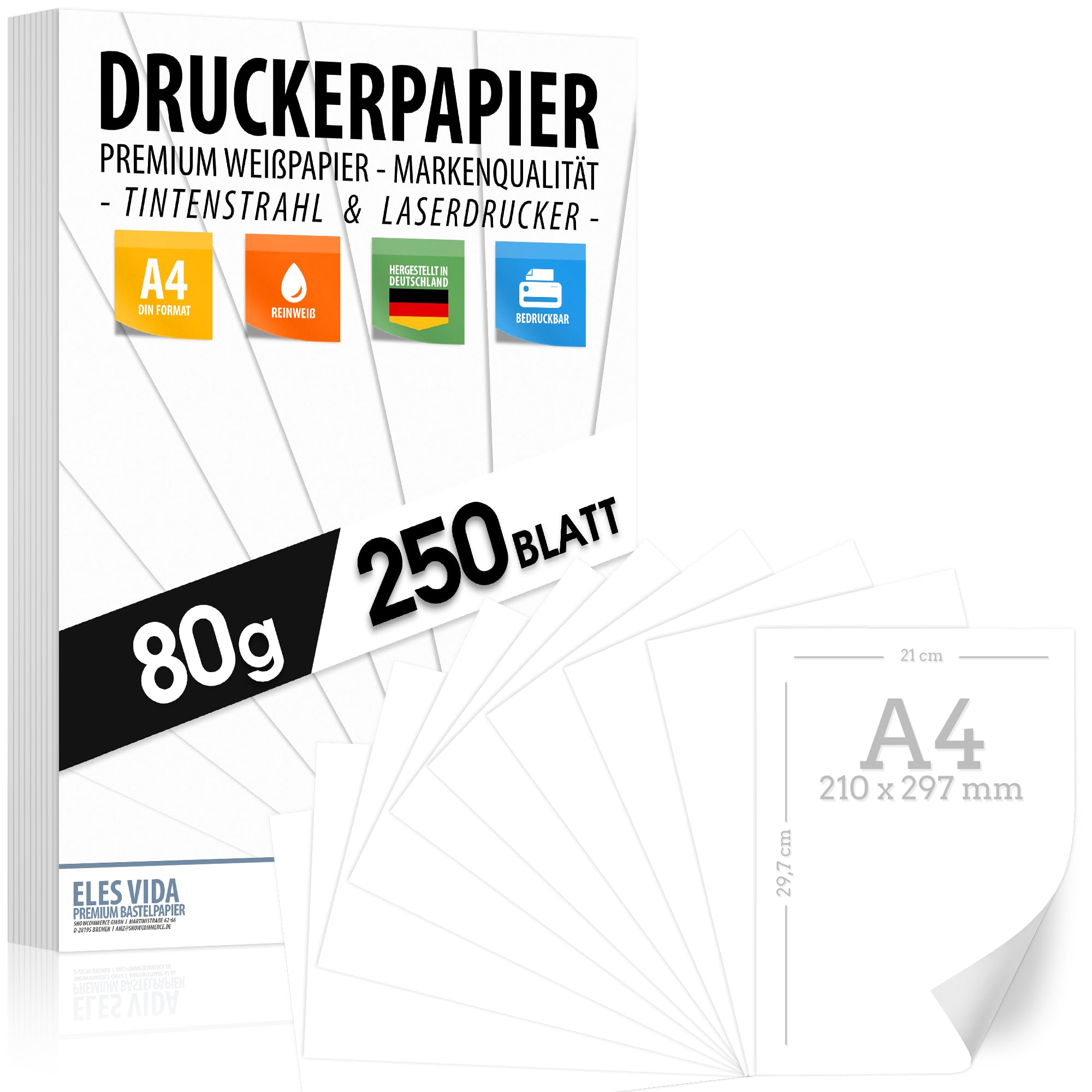 250 arkuszy papieru do drukarek A4 80 g biały – papier premium czysta biel – DIN A4-21 x 29,7 cm – papier do kopiowania, drukarki laserowej i atramentowych do uniwersytetów, fotografii, prezentacji