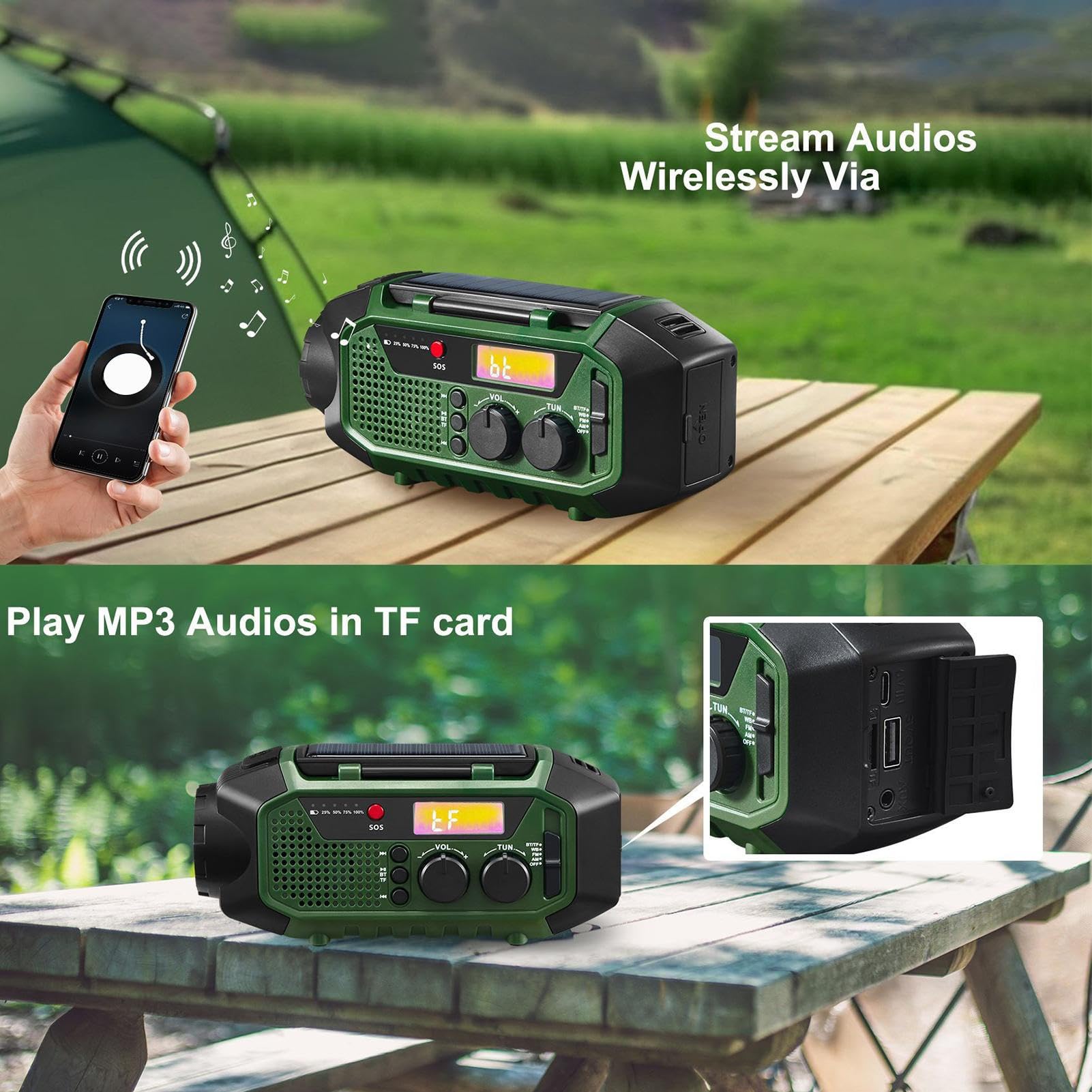Radio Solar con Carga Solar Radio Meteorológico De Emergencia con Manivela | Altavoz Inalámbrico Para Camping, Senderismo, Viajes Y Hogar Para Jóvenes Y Personas Mayores