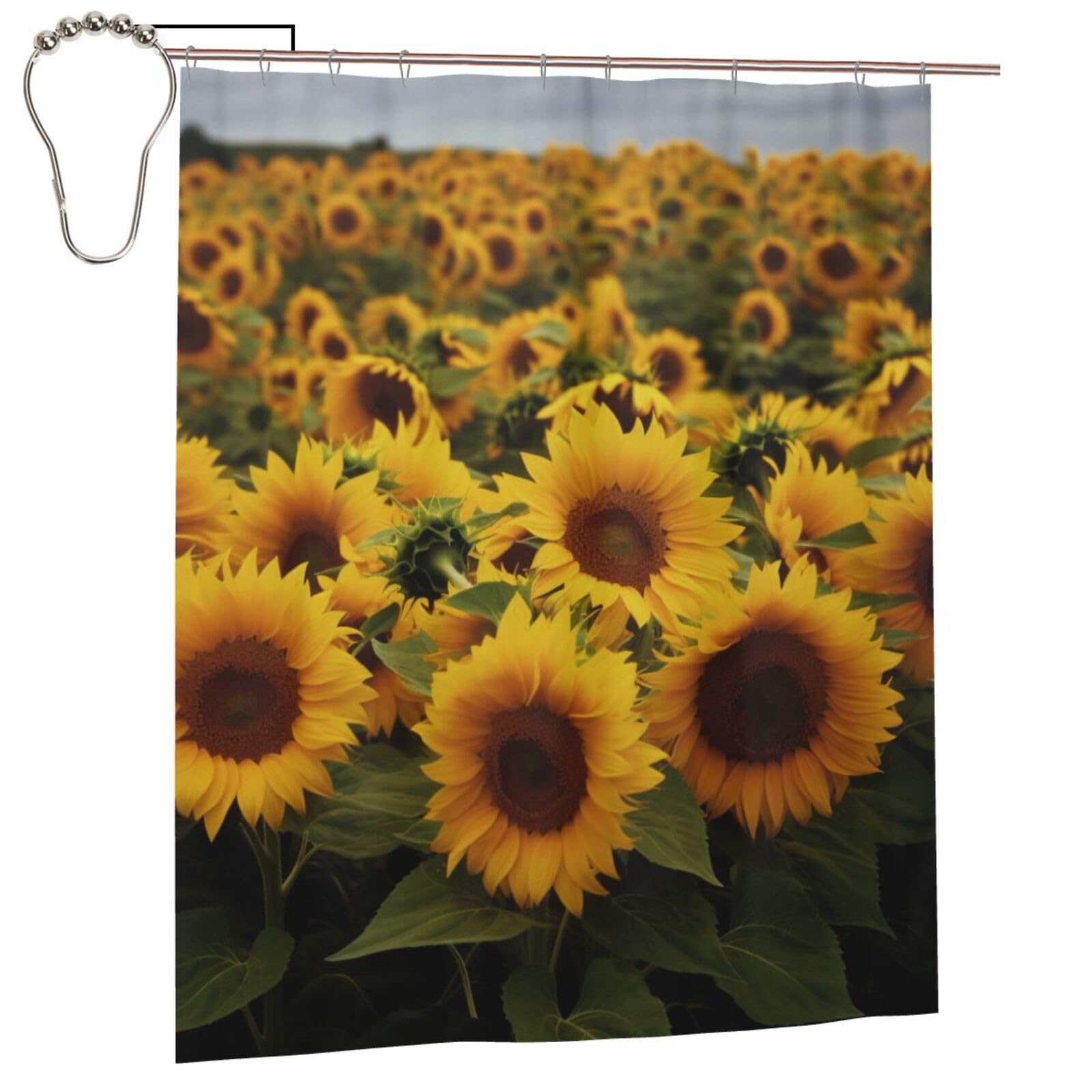 BWWHCCTI Yellow Sunflower Field Printed Shower Curtain With 12 Iron Hooks Opaque Quick Drying Waterproof Shower Curtains Sets For Bathroom 152x183 Cm