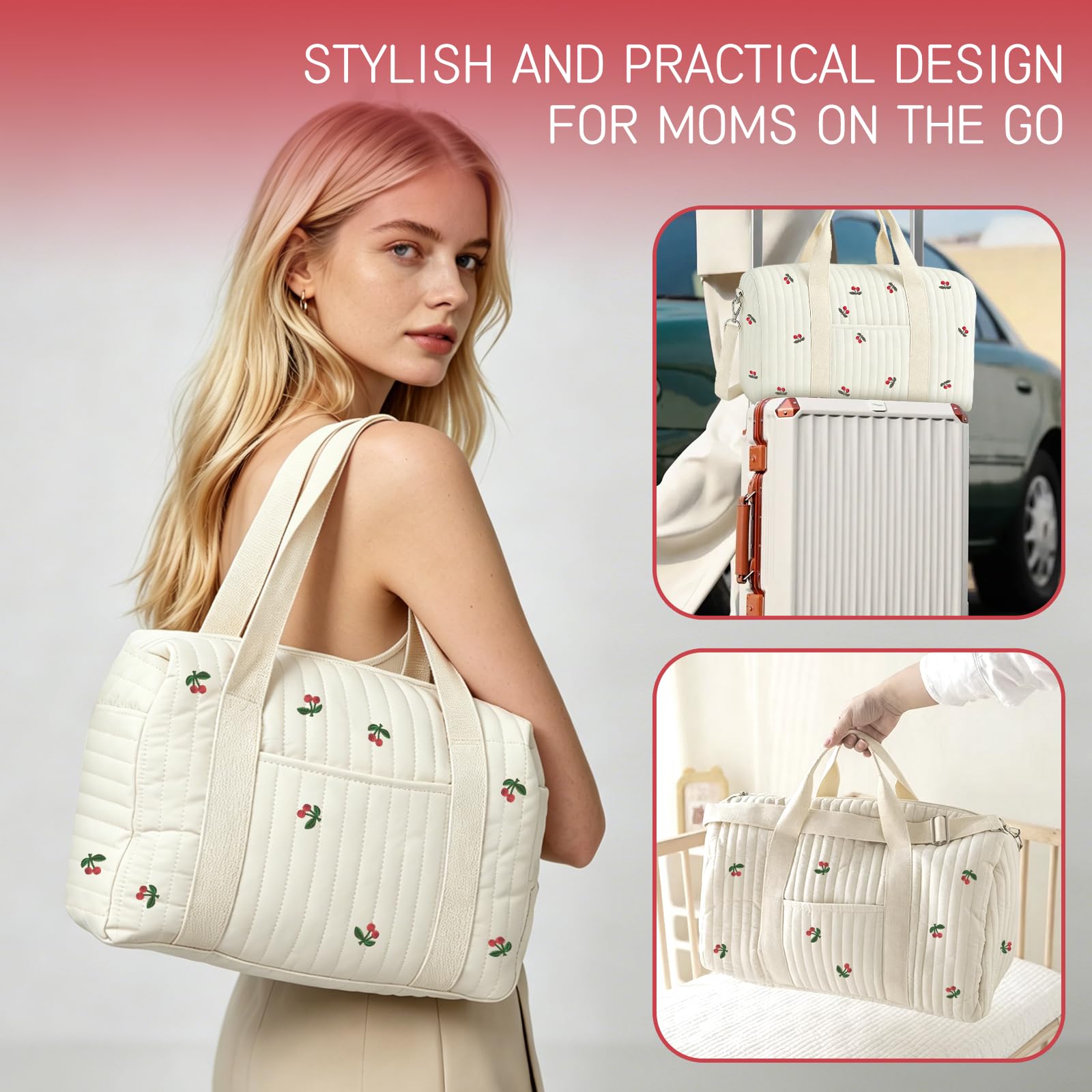 Borsa Parto Ospedale Cotone Trapuntato Ricamo Ciliegia Set 2 Pezzi Maternità Passeggino Viaggio Cambio Neonato Stile Coreano