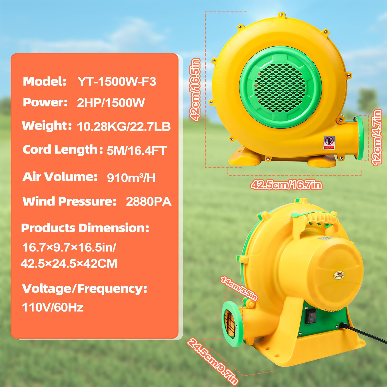 Kalolary 1500W Aufblasbares Gebläse, Leistungsstarker und Robuster Hochleistungs-Ventilator, Schnellaufblas-Luftpumpe 110V 60Hz für Aufblasbare Arch, Eventdekoration und Werbe-Aufblasstrukturen