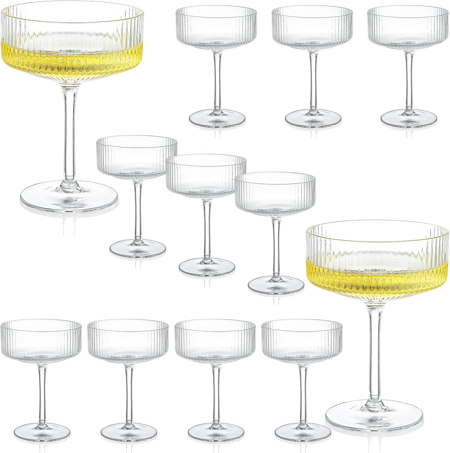 Set of 12 Champagne Tower 8 oz Glass Ribbed Champagne Coupe Glasses Set Clear Ribbed Martini Coupe Cups Classic Cocktail Glasses for Wedding Birthday Party Bar
