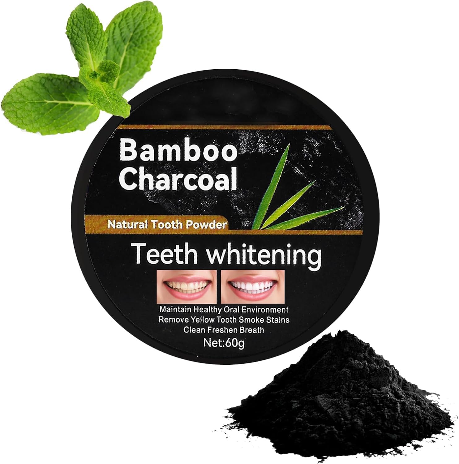 Azonee Activated Charcoal Powder, Bamboo Activated Charcoal Tooth Powder Teeth Stain Remover Natural Toothpaste Remineralizing Teeth Whitening Powder Bamboo Toothpaste Power Tooth Powder, 60g
