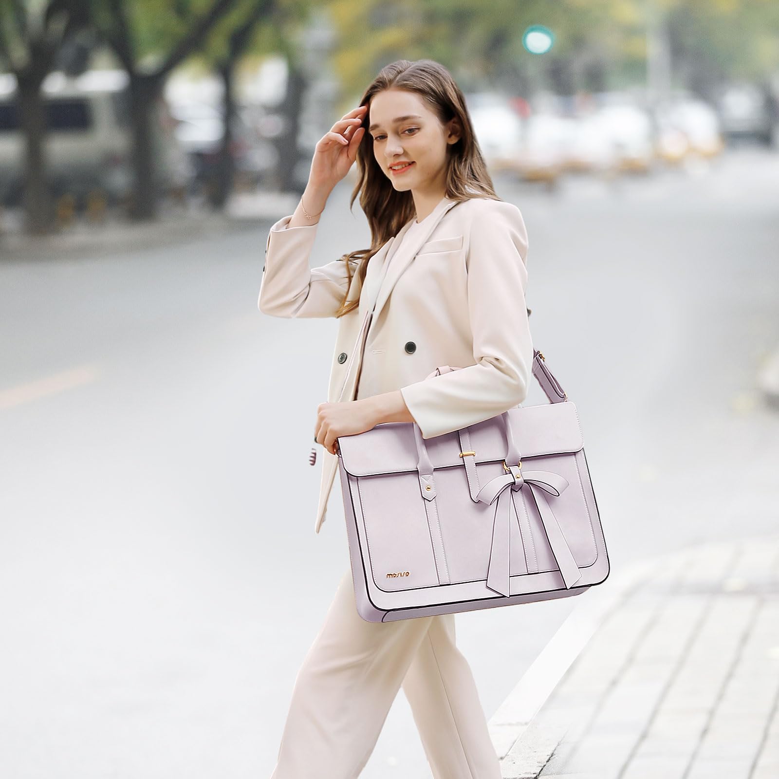MOSISO Laptoptasche Damen 16 Zoll, 15-15,6 Zoll PU Leder Handtasche Umrüstbar auf Rucksack, Lässig Aktentasche Arbeitstasche Uni Tasche Reisen Schultertasche mit Schleifenknoten, Staubiges Flieder