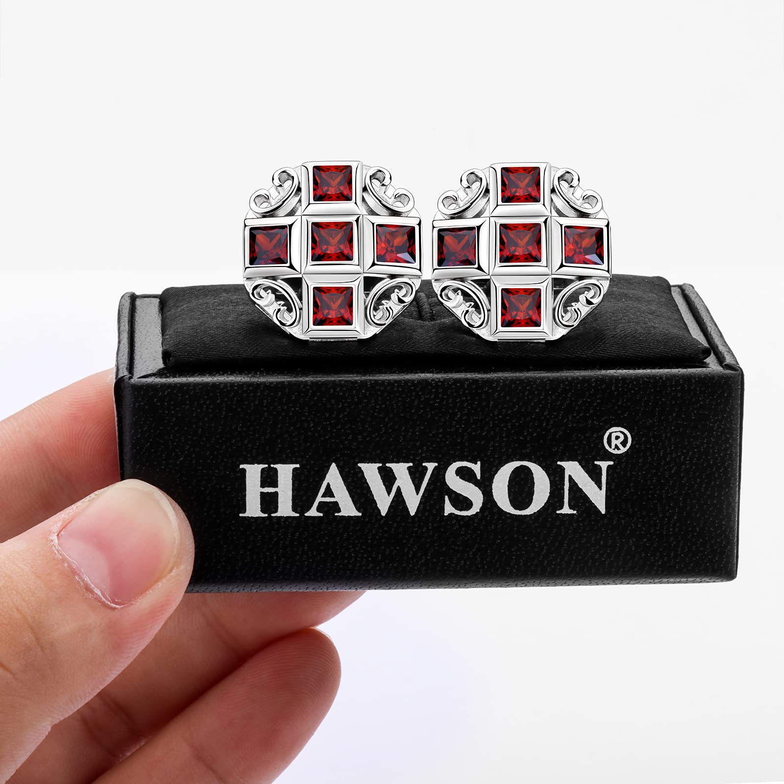 HAWSON Gemelos brillantes para camisa de hombre para traje, en caja de regalo, a juego con corbata sólida en rojo, blanco, negro y azul fácilmente, diseñado, Metal, no conocido