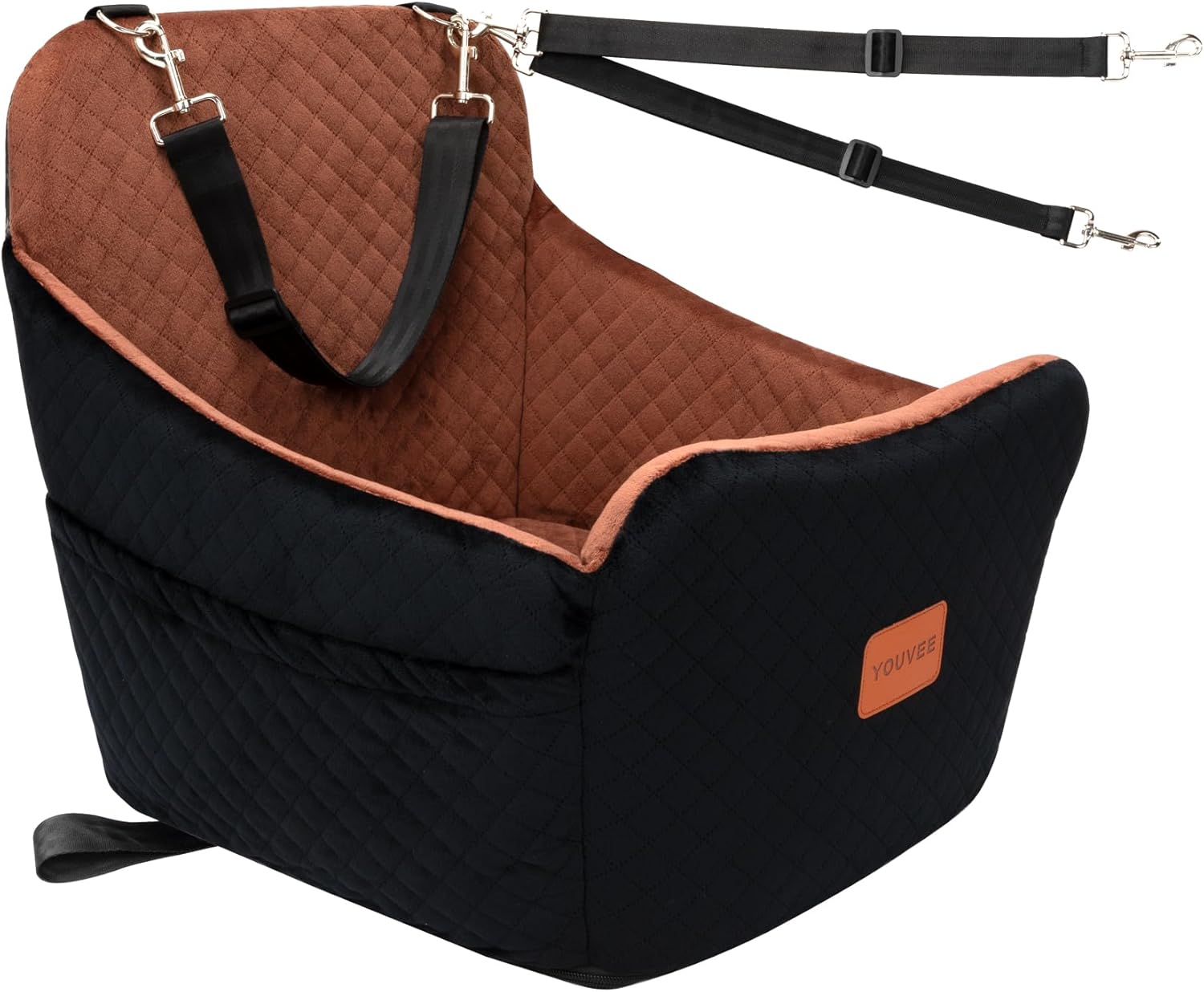 YOUVEE Dog Car Seat for Small/Medium Dog 20lbs 25lbs up to 32 lbs,Fully Detachable and Washable Puppy Booster seat with Storage Pockets,2 Adjustable Safety Belts(Black Outside Brown Inside)
