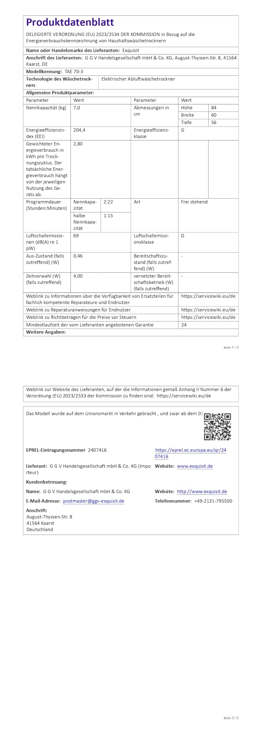 Exquisit TAE70-3 Sèche-linge à évacuation d'air | Capacité 7 kg | 8 programmes | Départ différé & sécurité enfant | Inversion automatique | Blanc