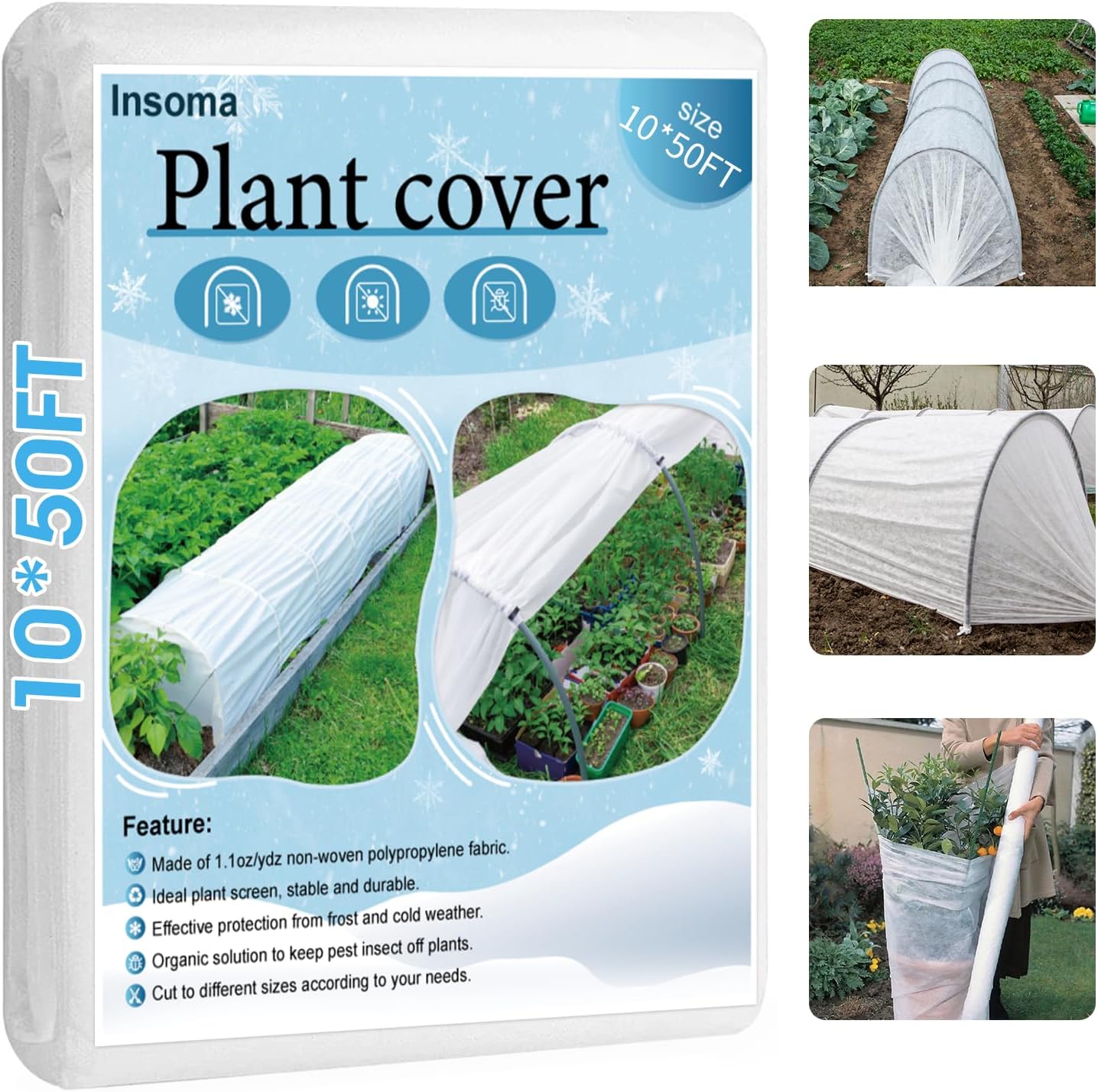 Insoma 1.1oz/yd Plant Covers Freeze Protection,10 * 50ft Floating Row Cover for Garden, Frost Plant Blanket for Winter Frost/Sun Pest Protection