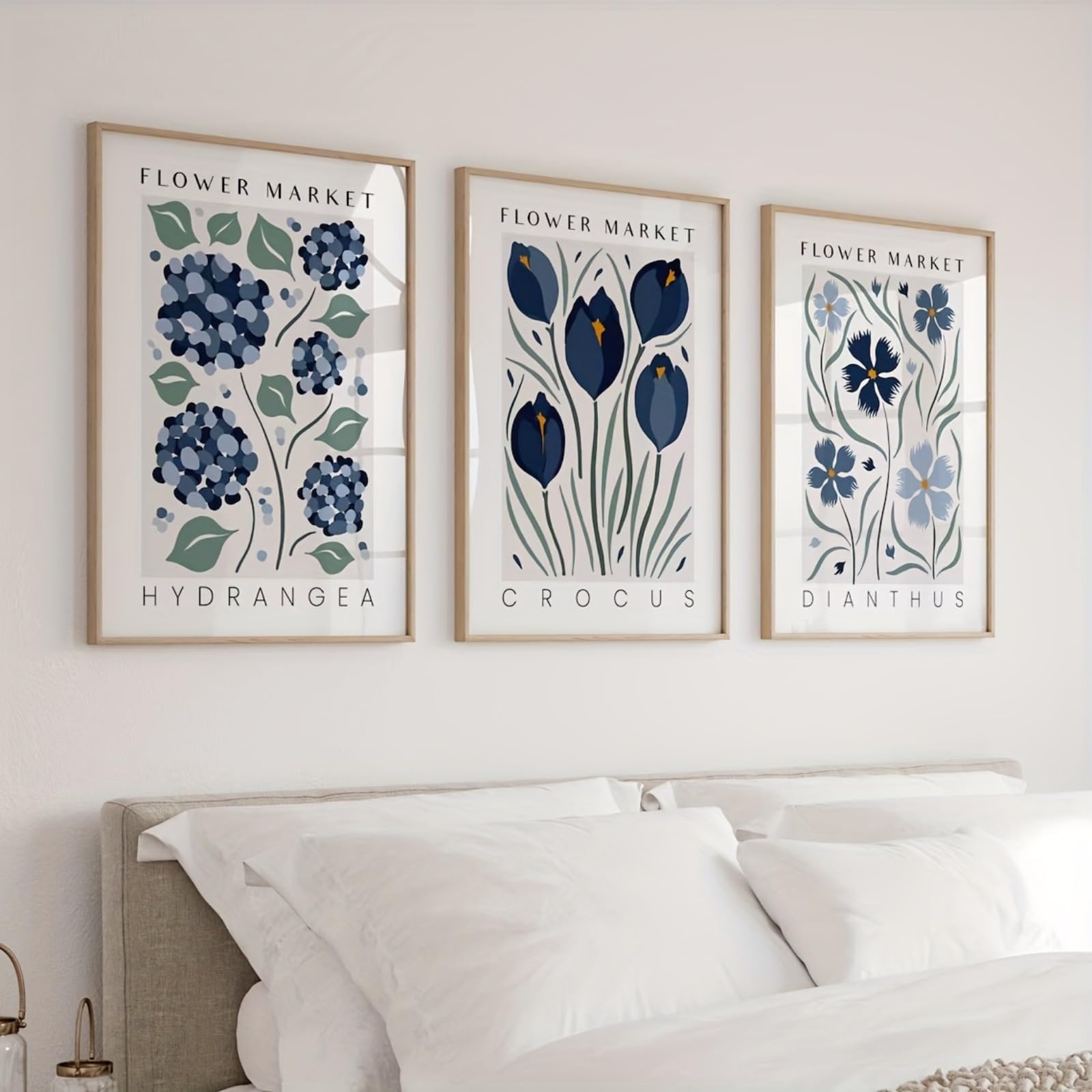Ueiwffzo 3er Poster Set Wandbilder, Blau Florale Leinwanddrucke Poster Set, Ästhetische Leinwand Bilder Für Schlafzimmer Decor, Ohne Rahmen (30x40cm)