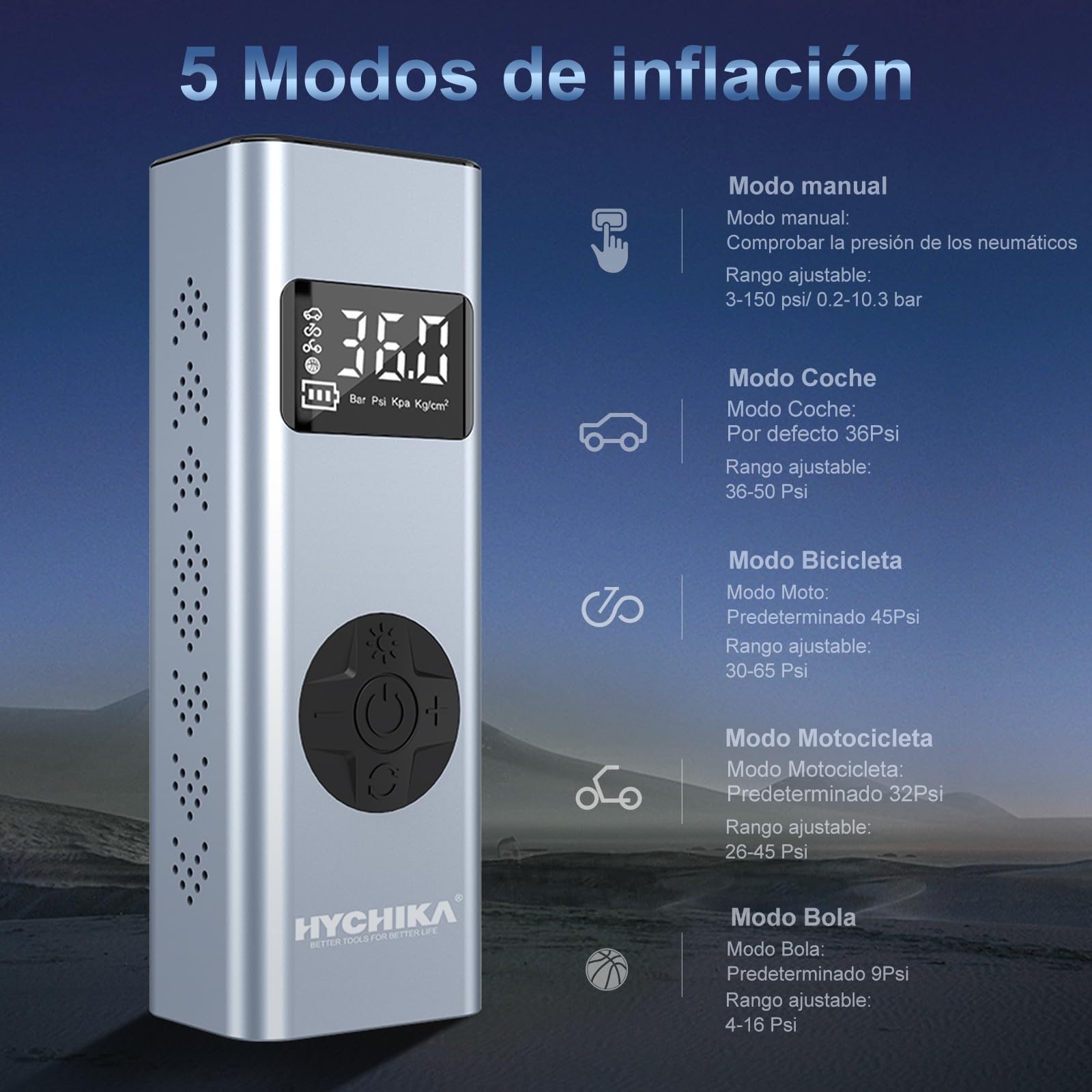 HYCHIKA Compresor de Aire portátil, 150PSI Compresor Aire Coche con batería Recargable de 6000 mAh luz LED y Banco de energía Mini compresor de Aire portátil para Auto Bicicleta Moto Pelota