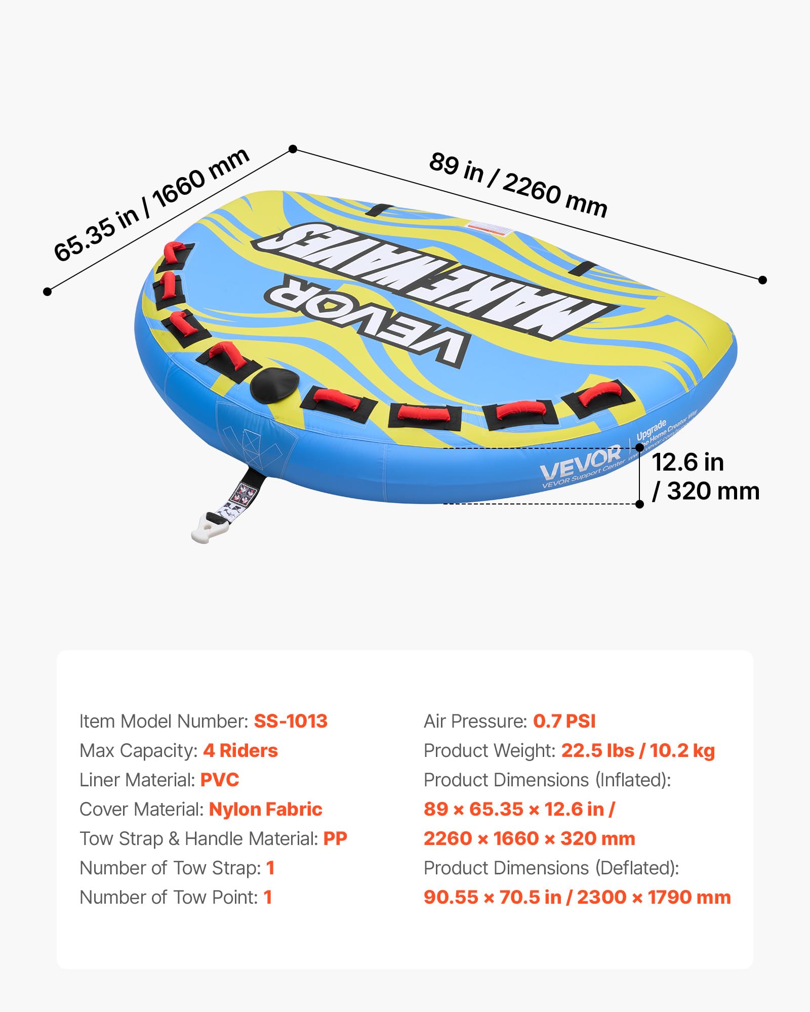 VEVOR Tubo Gommone Gonfiabile Trainabile per Barche da Mare, Tubo Trainabile Capienza ca. 4 Persone Carico Max 308 kg, Gommone per Barche Giochi Acquatici Divertimento, Copertura in Nylon, Blu