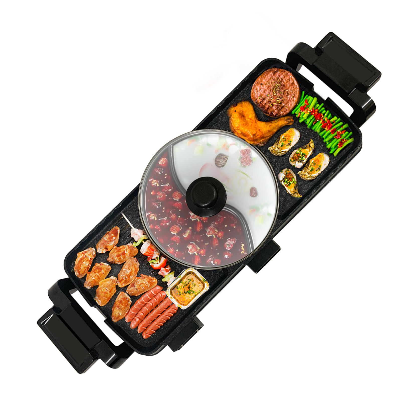 Hot Pot with Grill, 2 in 1 Electric BBQ Grill Hot Pot 25x8.6 inch, Non-Stick Barbecue Grill Indoor, Separate Dual Temperature Control