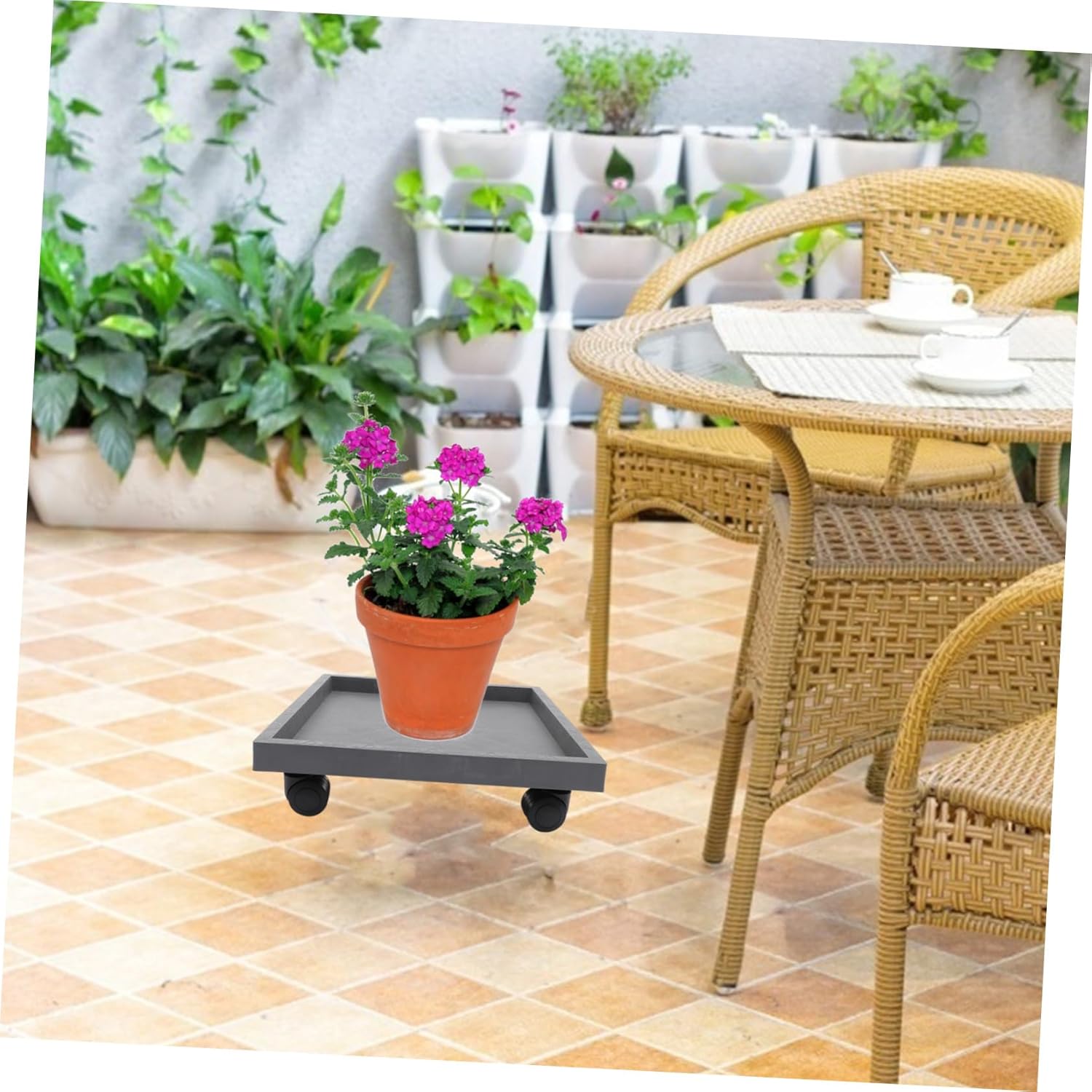 Mikikit Garden Planter Tray with Wheels Moveable Flowerpot Holder for Use Large Rolling Resin Pot Stand with Sturdy Base Prevents Water Soil Damage