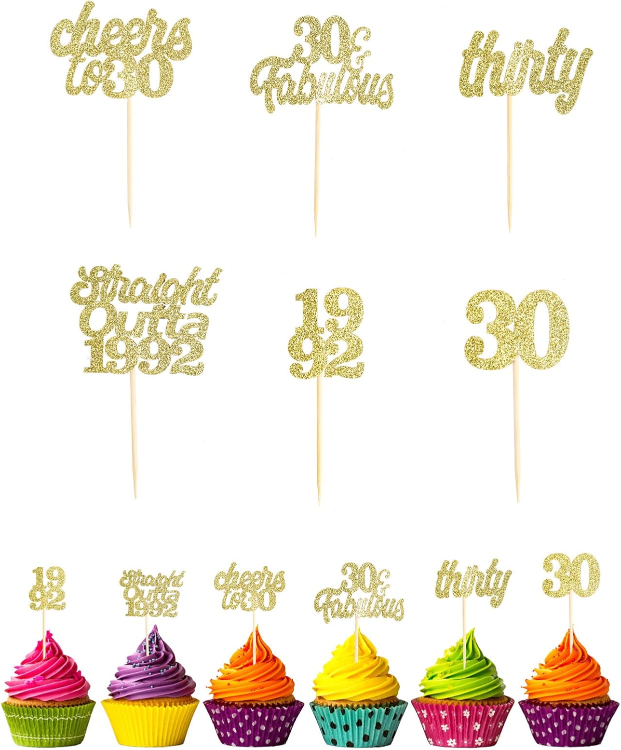 12 Pack Happy Gold Glitter Vintage 1992 Cupcake Toppers Thirty Happy 30