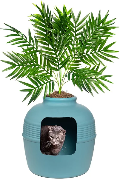 Good Pet Stuff Hidden Cat Litter Box Enclosure with Artificial Plant, Decorative Round Planter, Vented Carbon Charcoal Filter for Odor Control, Easy-to-Clean, Made in USA, Base Kit, Blue