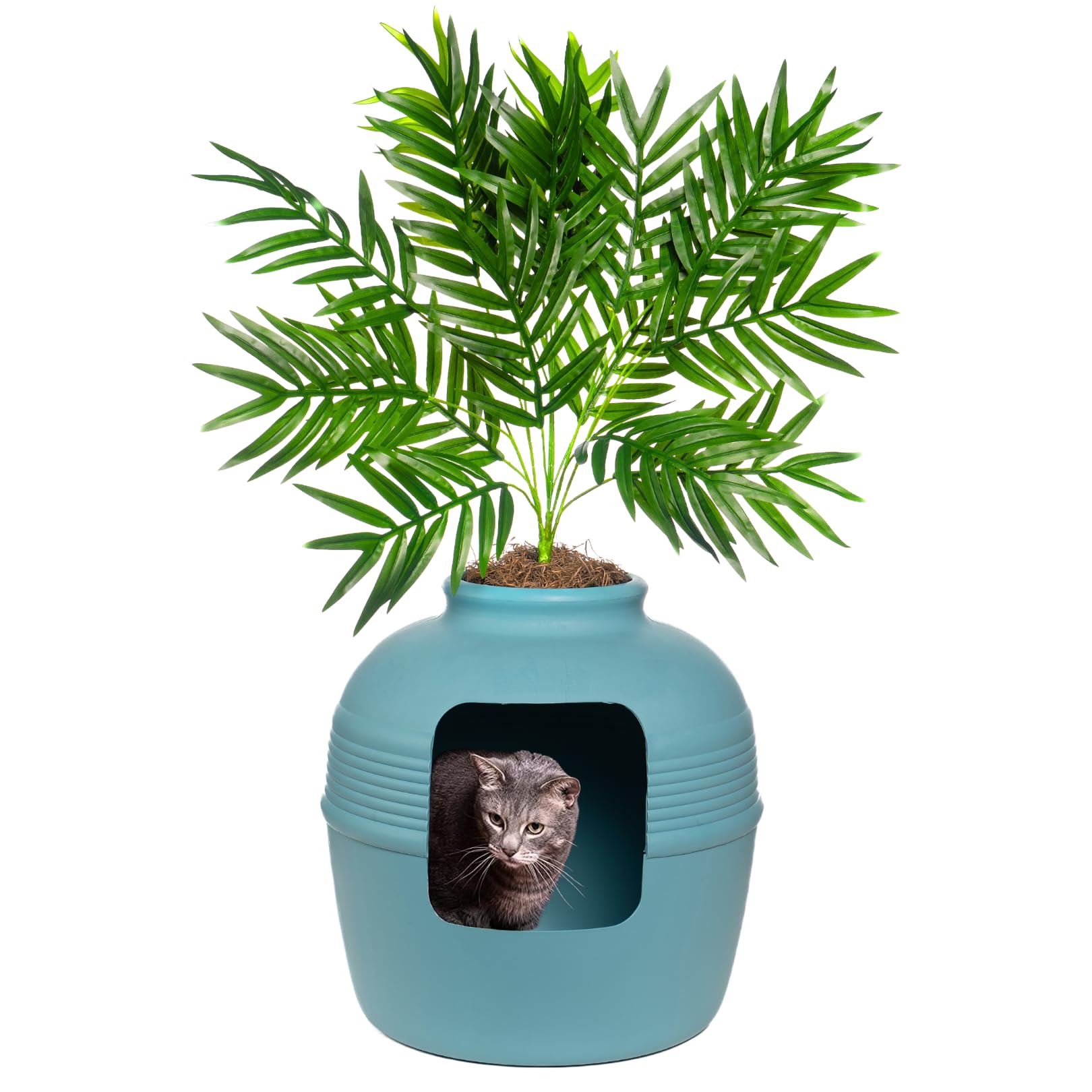 Good Pet Stuff zestaw podstawowy okrągłej ukrytej kociej kuwety w kształcie plantera ze sztuczną rośliną, wentylowany system filtrów węglowych z kapturem do kontroli zapachów, łatwy do czyszczenia,