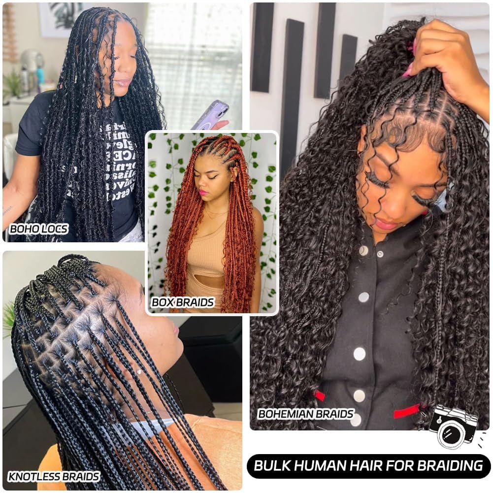 Curly Human Braiding Hair for Boho Braids Bohemian Deep Wave Bulk 100% Human Hair for Micro Braiding Hair Wet and Wavy Boho Knotless Braids Hair No Weft 2 Bundles 100g Human Hair Extensions
