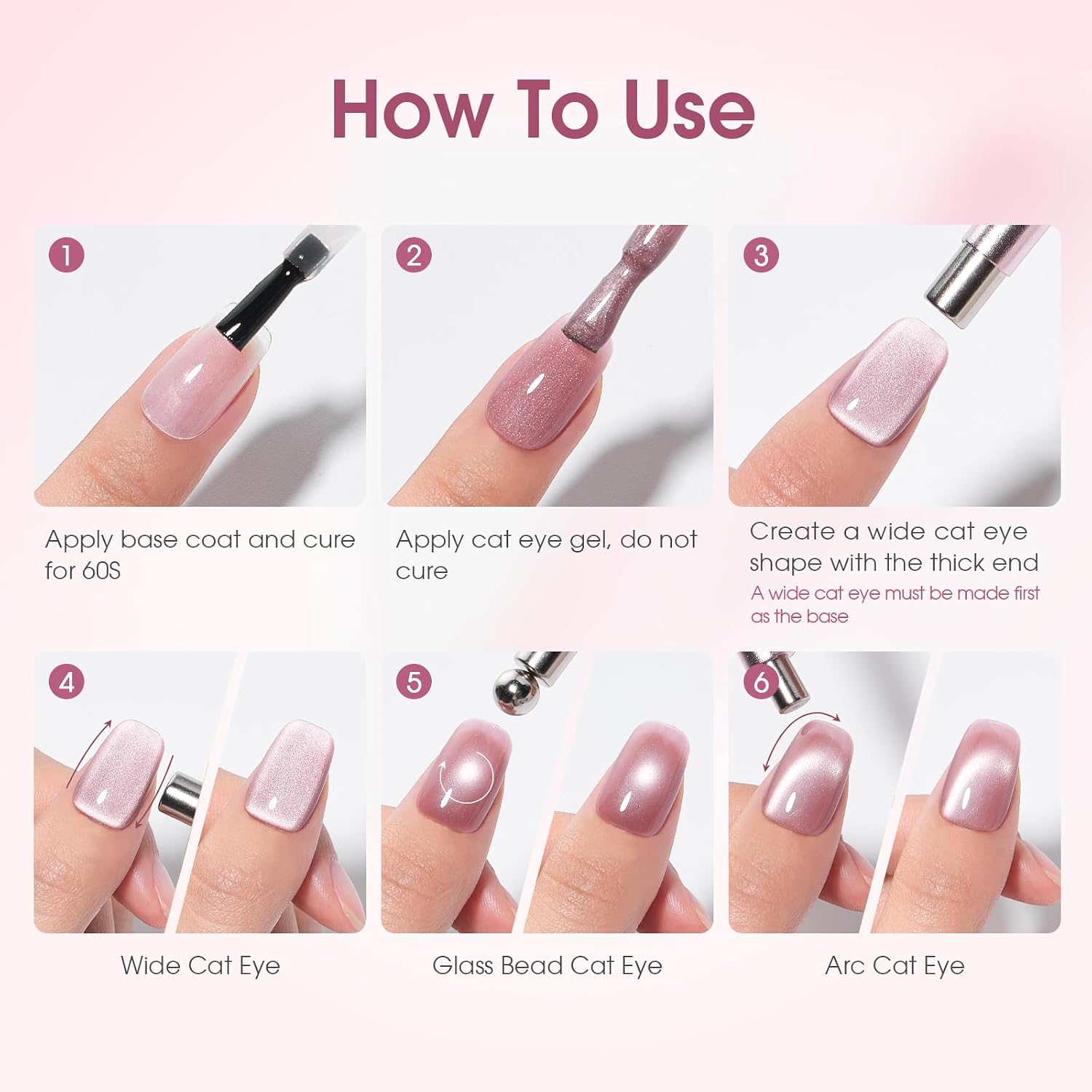3-in-1 Cat Eye Magnet for Nails Multi-Functional Double Head Rotating Ball Magnetic Stick for Cat Eye Gel Polish, Strong Cateye Magnets Nail Art Tools for Women, Pink
