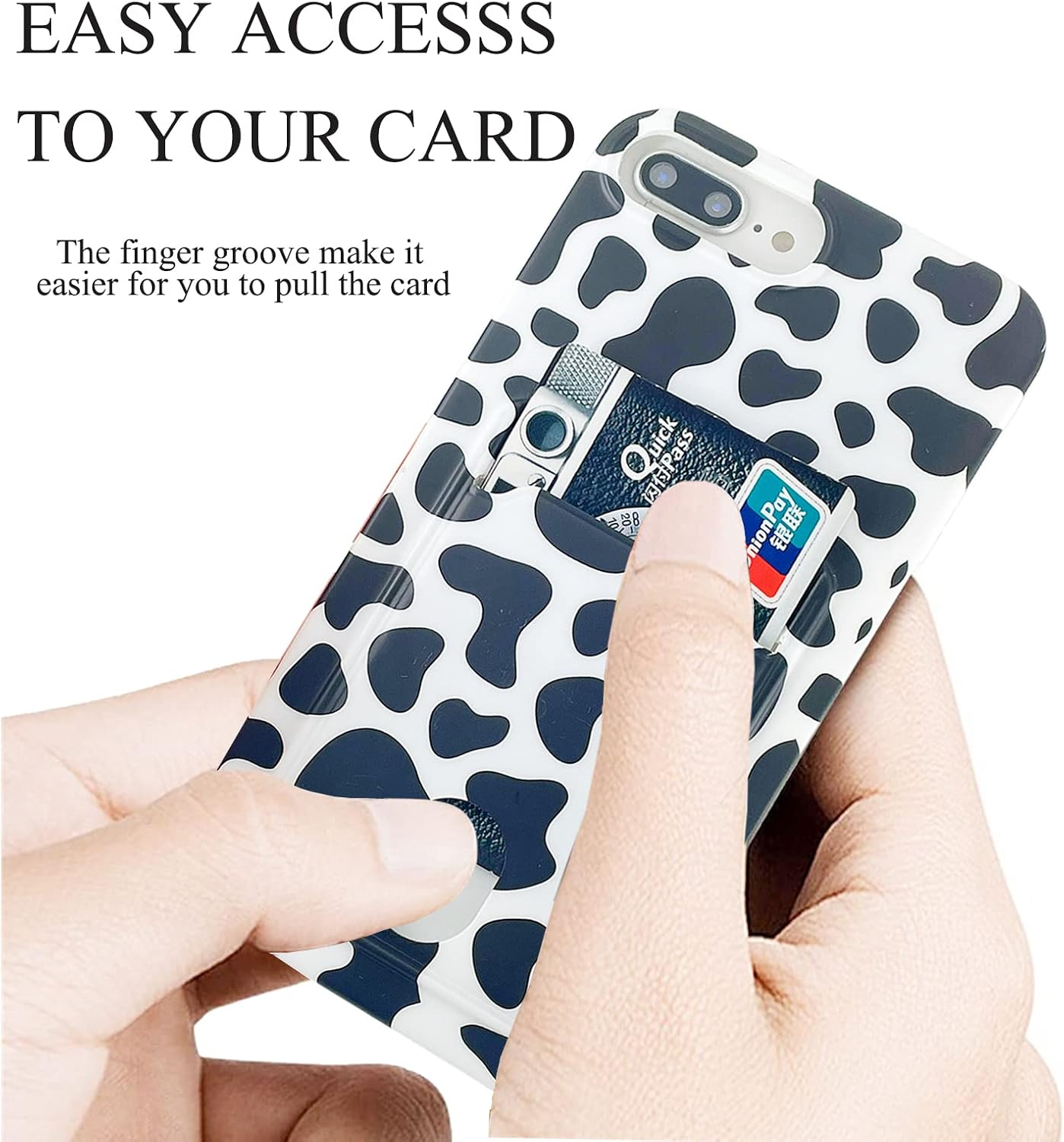 Oddss Wallet Case Compatible for iPhone 8 Plus/7 Plus(5.5 inch) with Card Holder Slot Shockproof Ultra-Slim Thin Soft TPU Clear Wallet Cover with Screen Protector (Black White Cow Print)
