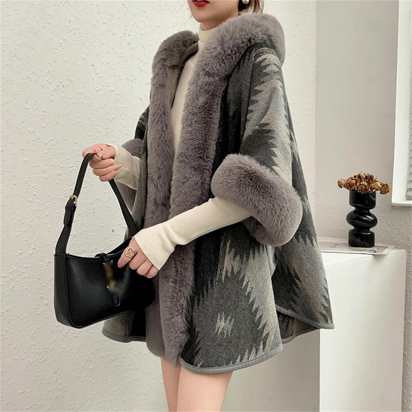 Poncho Donna Collaggio da Pelliccia da Donna Capo A Maglia Cardigan Cape con Cappuccio per Leopardo da Donna-Stampa Leopardo Grigio