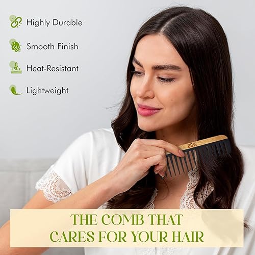 Miniatura 8 de OREN'S - Peine de baquelita de bambú, diseño de dientes anchos antiestático para cabello grueso y encrespado
