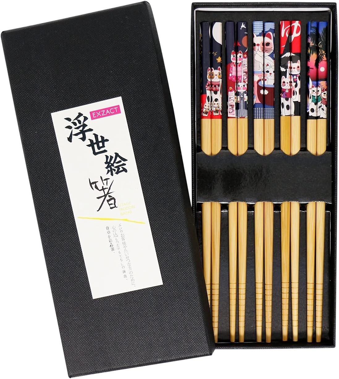 Exzact Chopsticks Gift Box - 5 Pairs of Reusable Bamboo Chopsticks in a Beautiful Black Handmade Box -Japanese Lucky Cat/ Fortune Cat