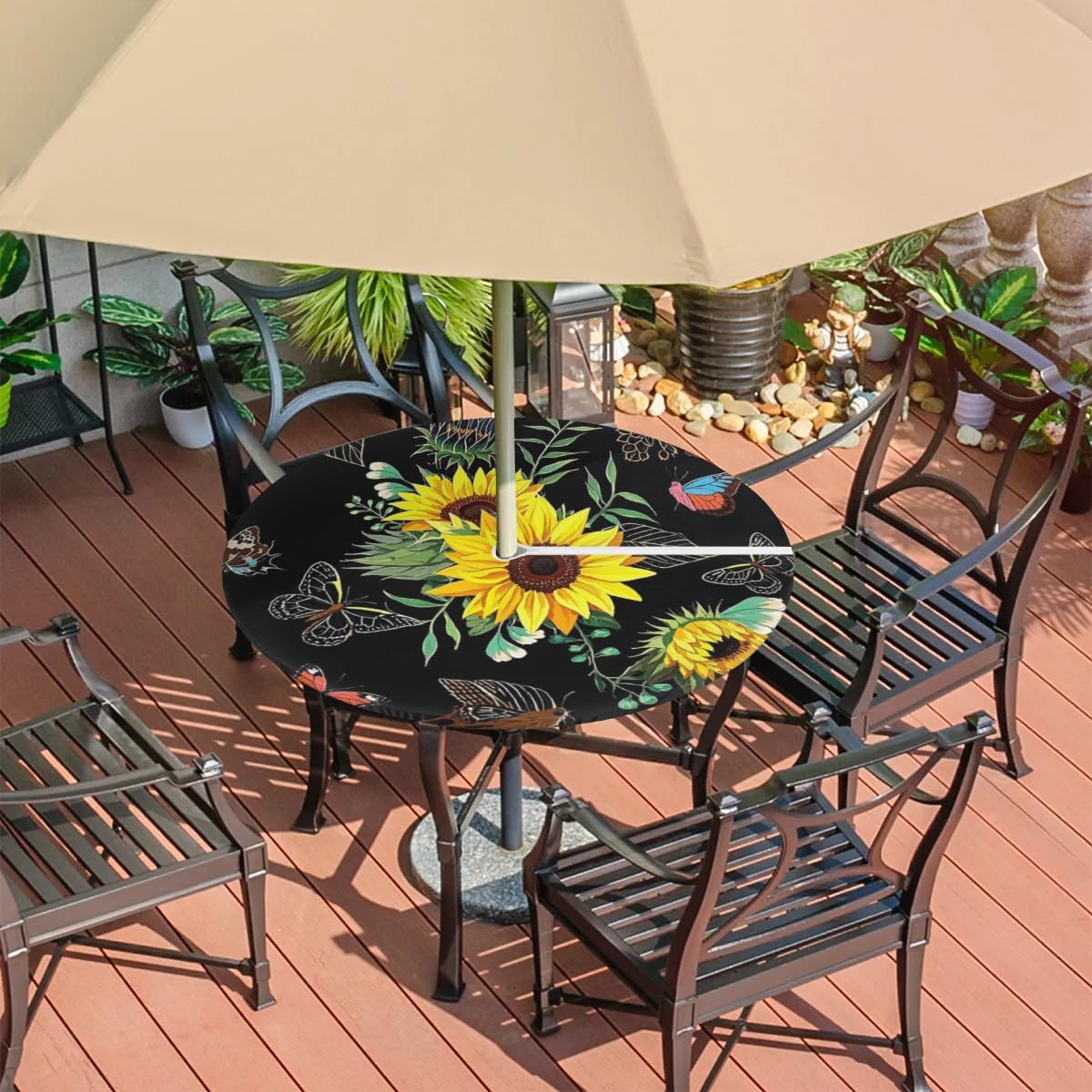 Pardick Round Outdoor Tablecloth with Umbrella Hole 36"-44" Zippered Elastic Tablecloth Wild Butterfly Sunflowers Outdoor Round Fitted Tablecloth Waterproof Umbrella Zippered Table Cloth for Patio