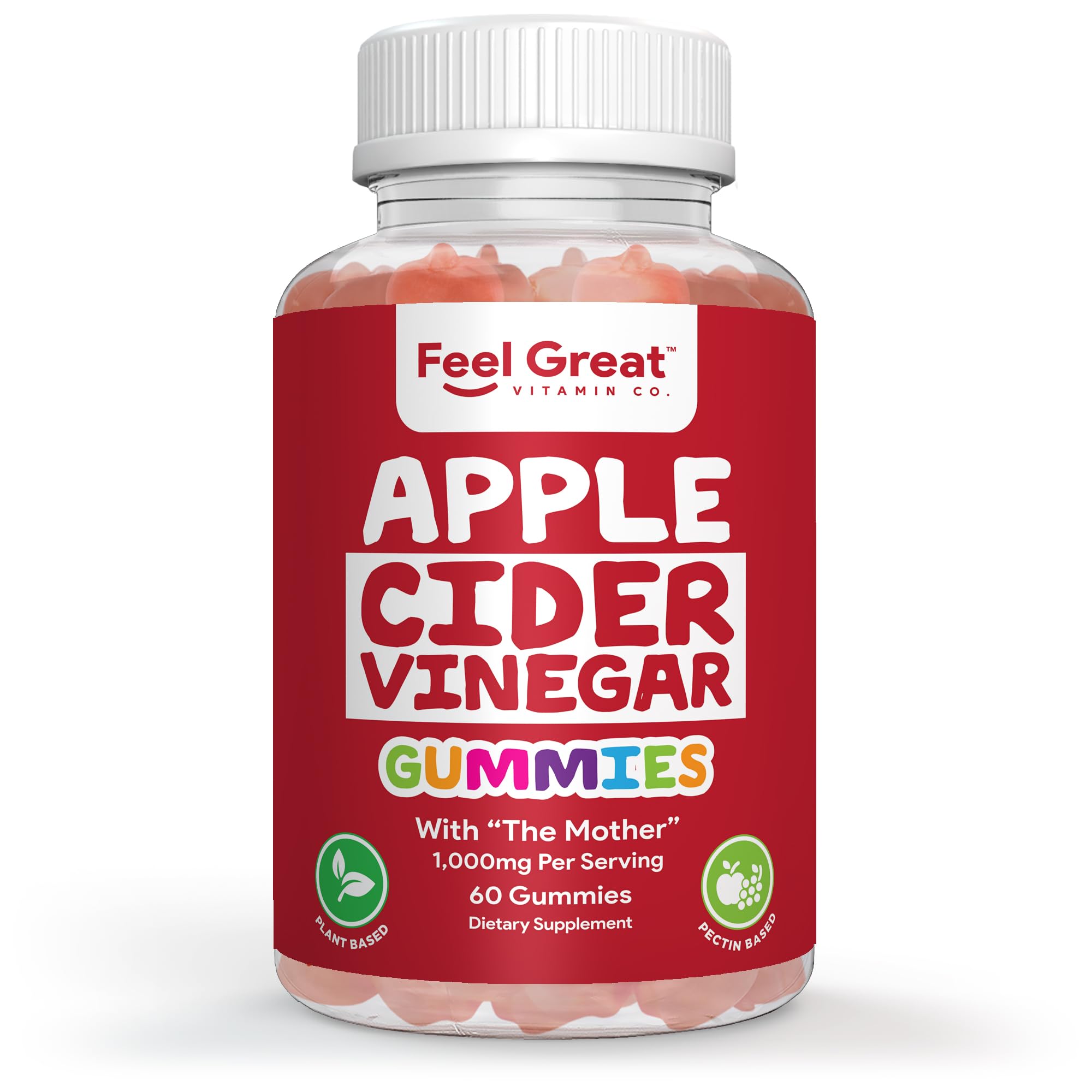 Feel Great Vitamins Apple Cider Vinegar Gummies – ACV with The Mother for Digestive Support & Daily Wellness – Vegan, Non-GMO, 60 Gummies