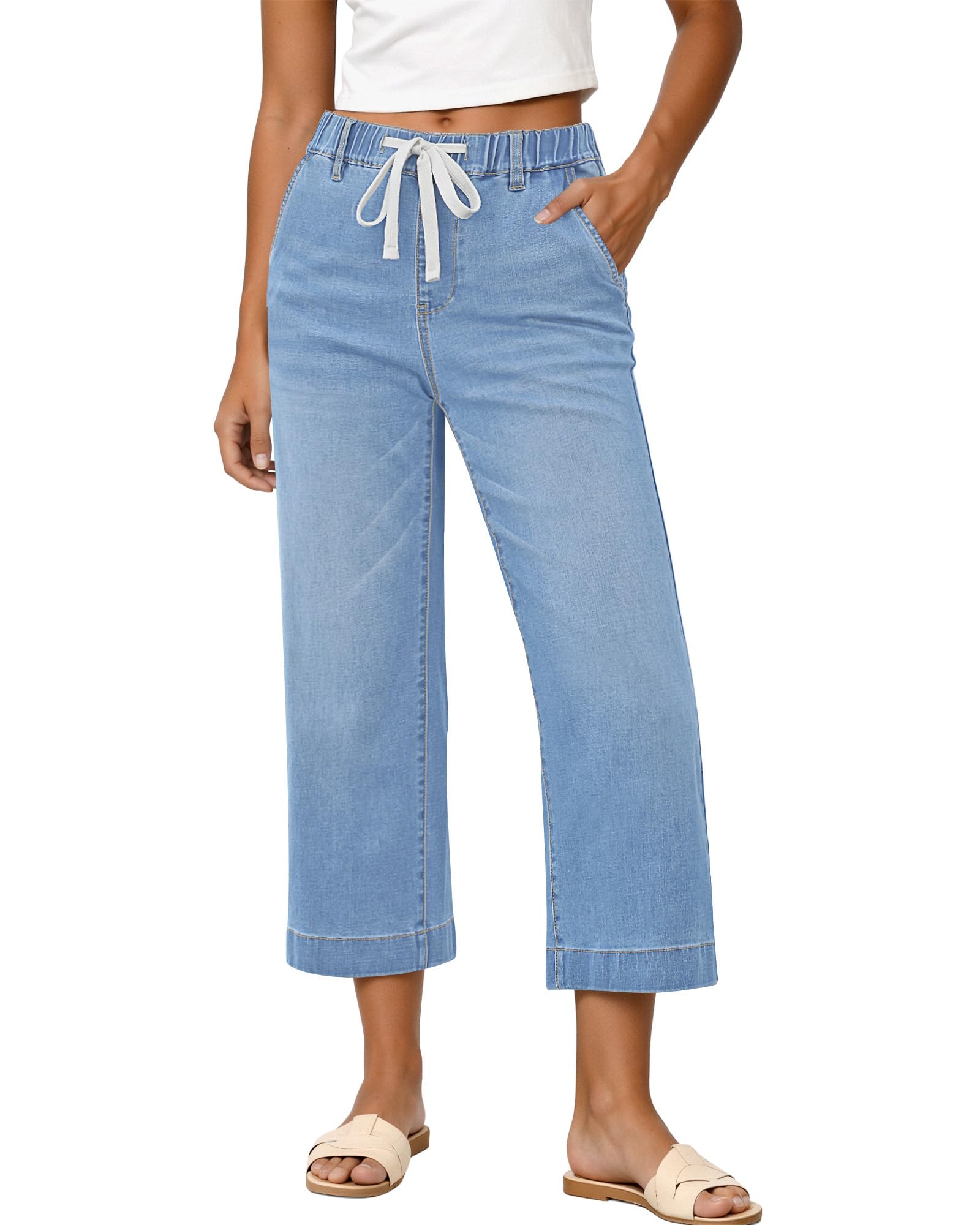 GRAPENT Capris Jeans for Women Trendy Wide Leg Capri Pants High Waisted Pull On Elastic Waist Summer Stretch