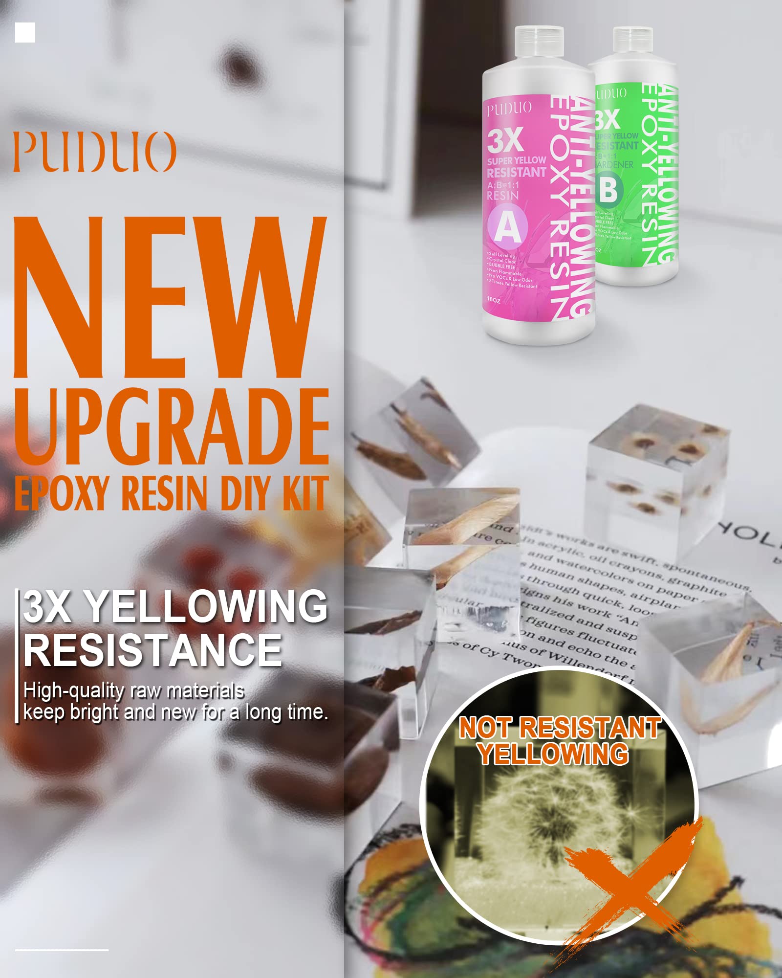 Puduo Kit de Resina epoxi 32OZ, Resina epoxi Transparente súper antiamarillenta para Arte, fabricación de Joyas, fundición, moldes de Silicona 32OZ Súper Anti-Amarillo